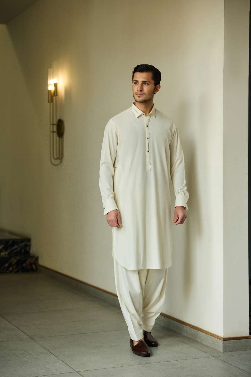 Deepak Perwani - Boski Linen Kurta Shalwar For Men - Cream - 2 Piece