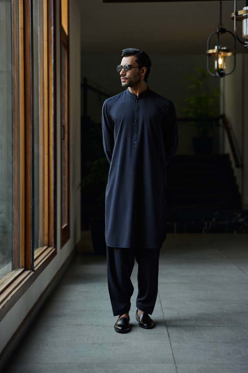 Deepak Perwani - Boski Linen Kurta Shalwar For Men - Midnight Blue - 2 Piece
