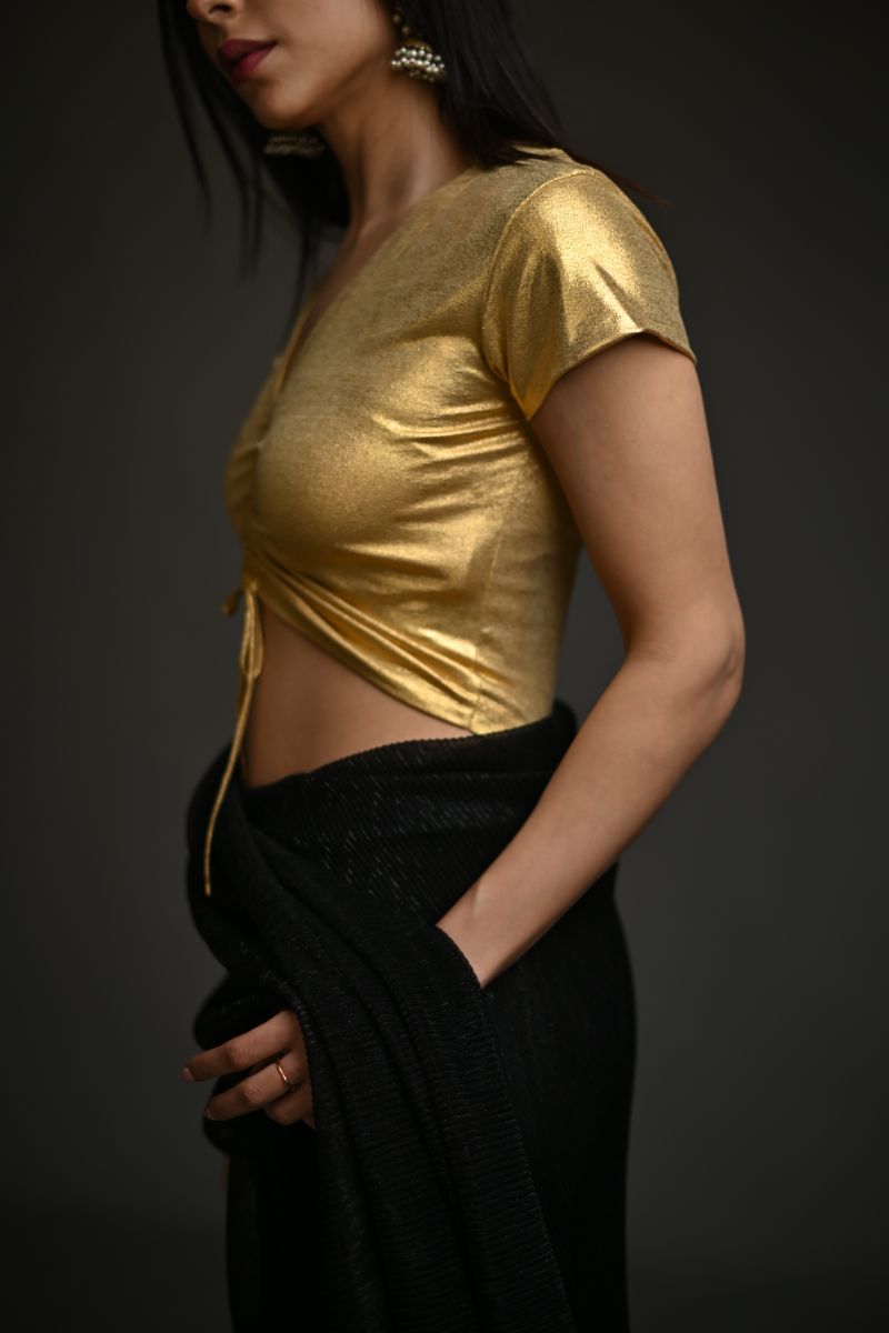 Maheen Khan - DRAWSTRING V NECK BLOUSE (CAP SLEEVES) - Gold - Jersey - 1 Piece