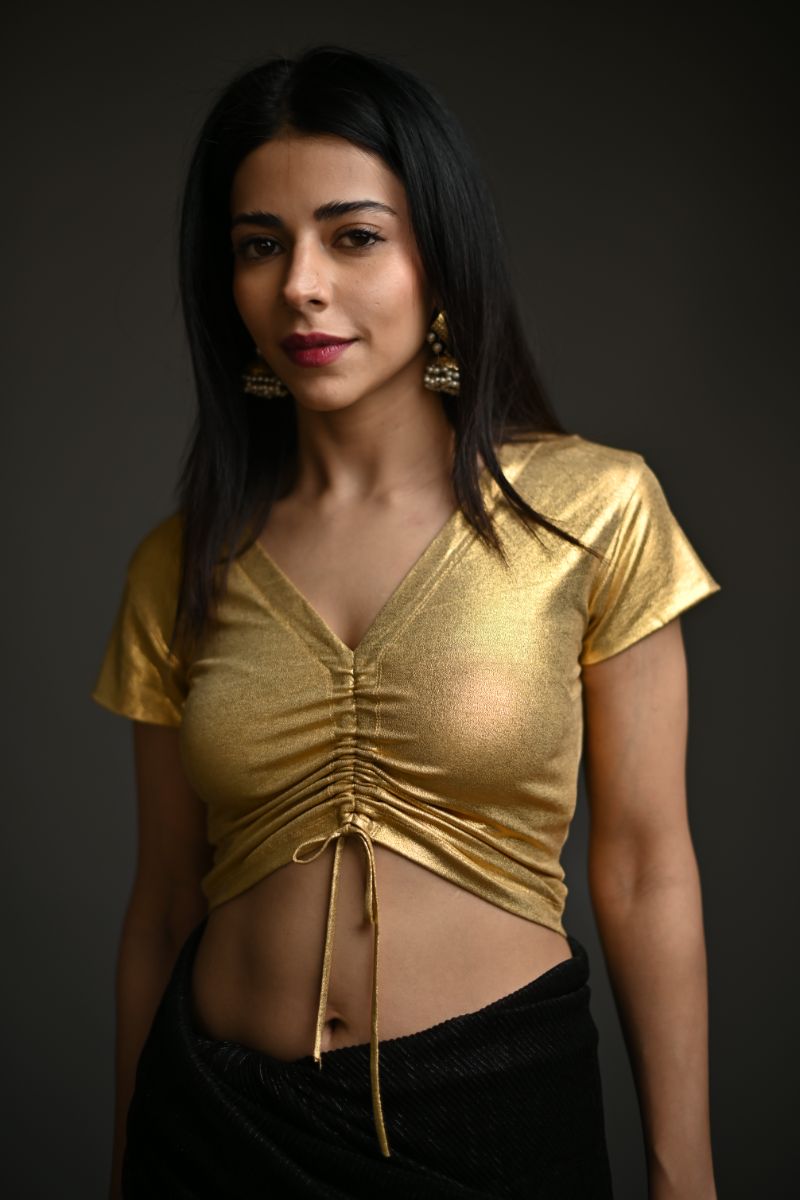 Maheen Khan - DRAWSTRING V NECK BLOUSE (CAP SLEEVES) - Gold - Jersey - 1 Piece