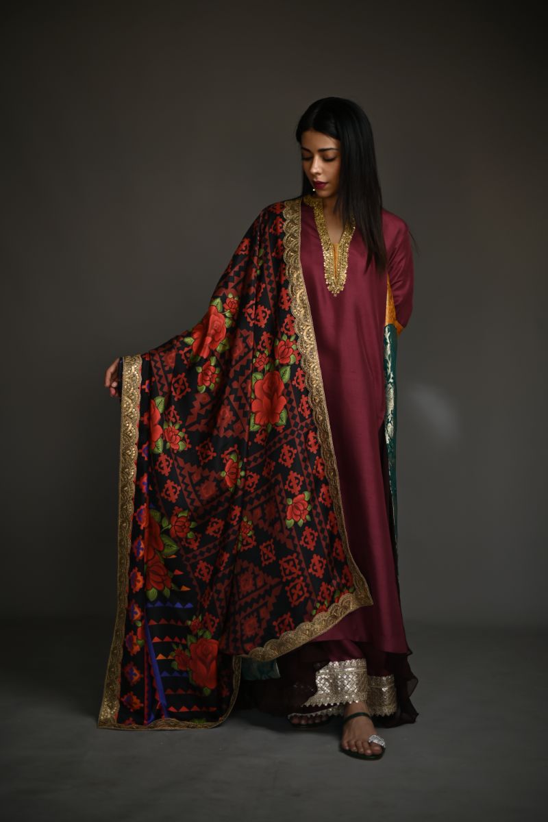Maheen Khan - SORAYA - Maroon - 100% Pure Raw Silk