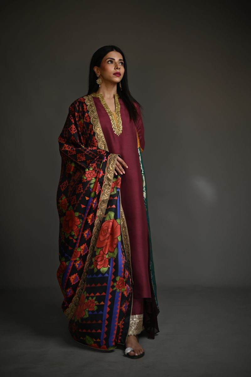 Maheen Khan - SORAYA - Maroon - 100% Pure Raw Silk