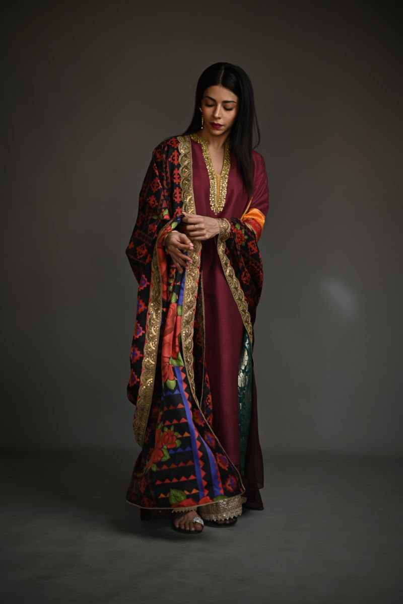 Maheen Khan - SORAYA - Maroon - 100% Pure Raw Silk