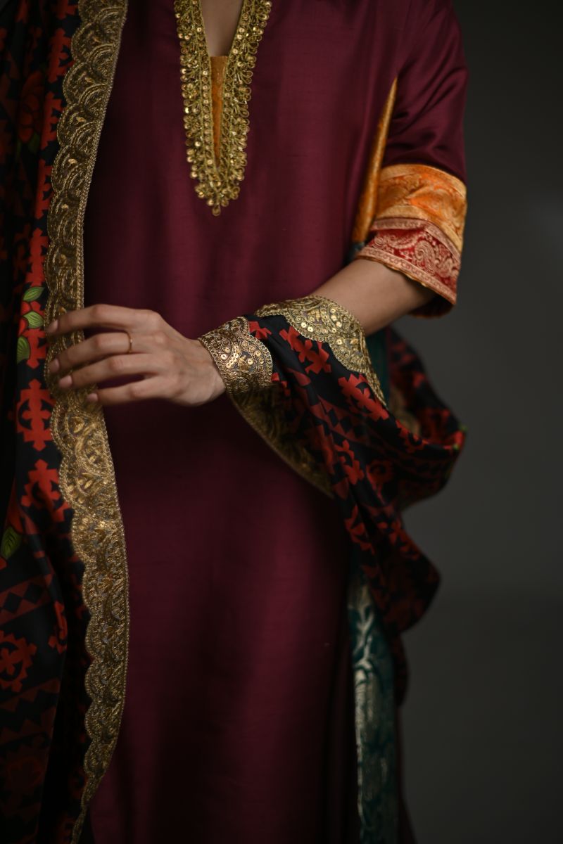 Maheen Khan - SORAYA - Maroon - 100% Pure Raw Silk
