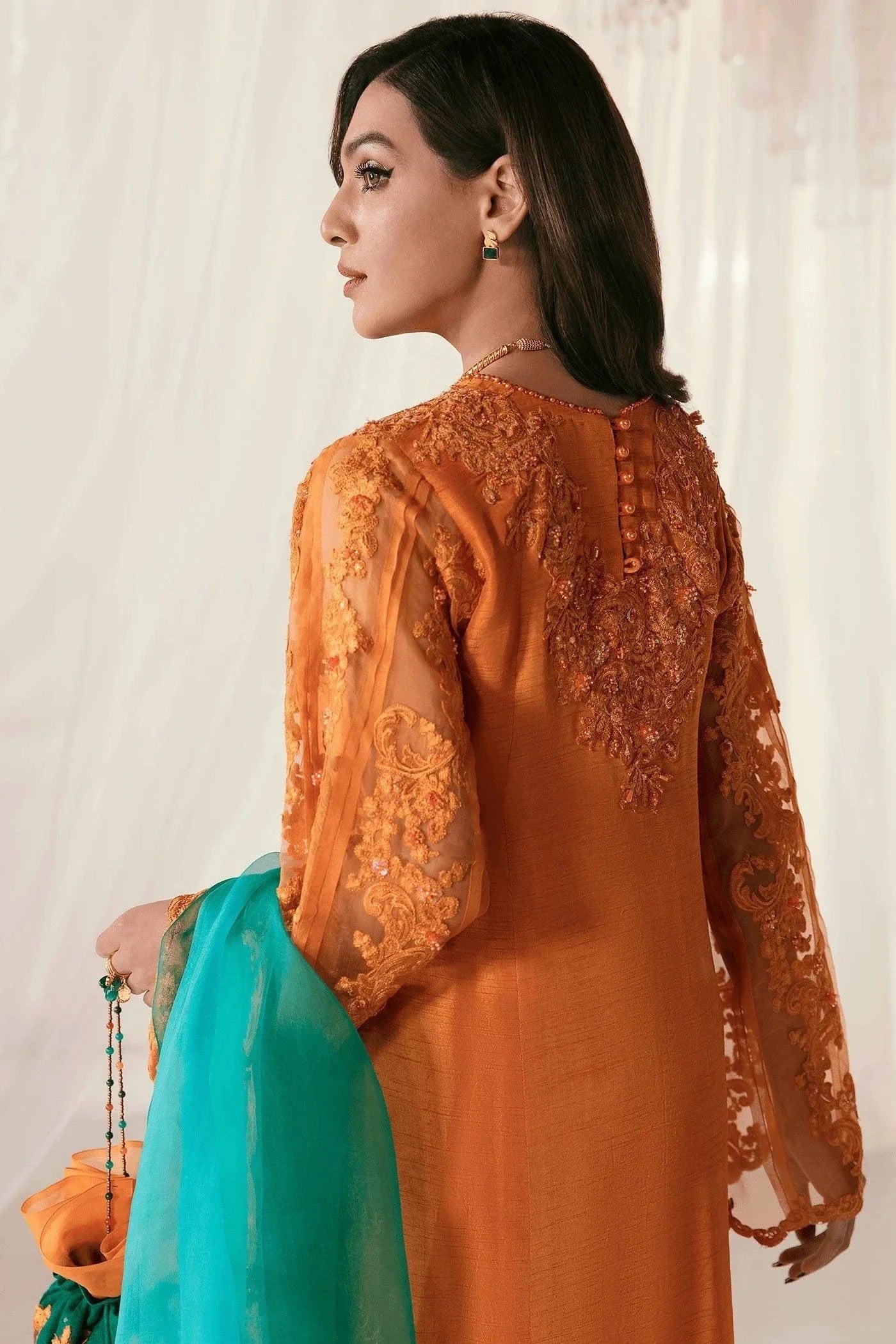 Nilofer Shahid - Korean Raw Silk Heavy Embroidered Shirt & Pants with Pure Organza Dupatta - Majestic Flare - 3 Piece - Studio by TCS