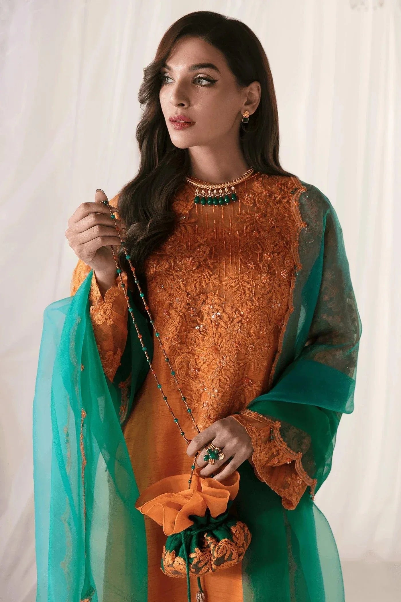 Nilofer Shahid - Korean Raw Silk Heavy Embroidered Shirt & Pants with Pure Organza Dupatta - Majestic Flare - 3 Piece - Studio by TCS