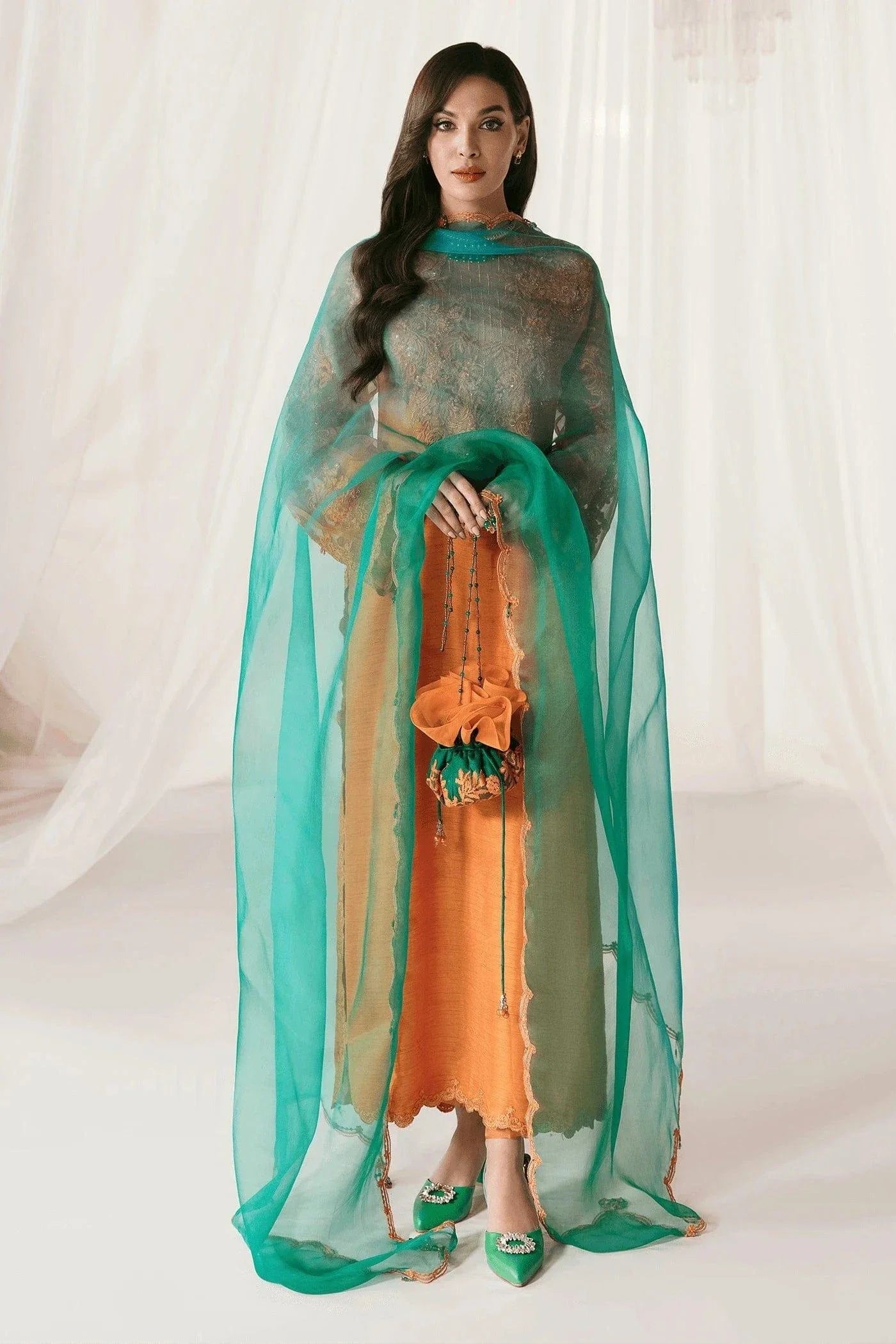 Nilofer Shahid - Korean Raw Silk Heavy Embroidered Shirt & Pants with Pure Organza Dupatta - Majestic Flare - 3 Piece - Studio by TCS