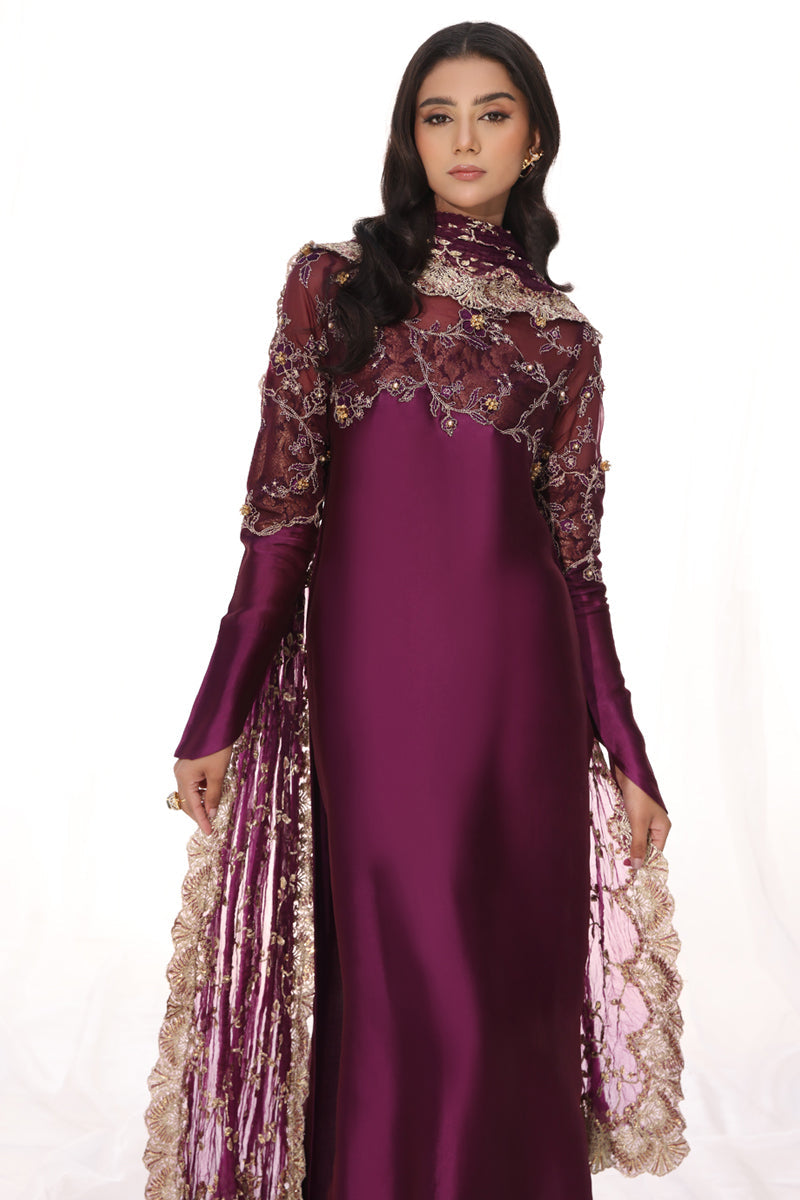 Musferah Saad - Mauve Magic - Plum - Tissue Silk & Organza - 3 Piece