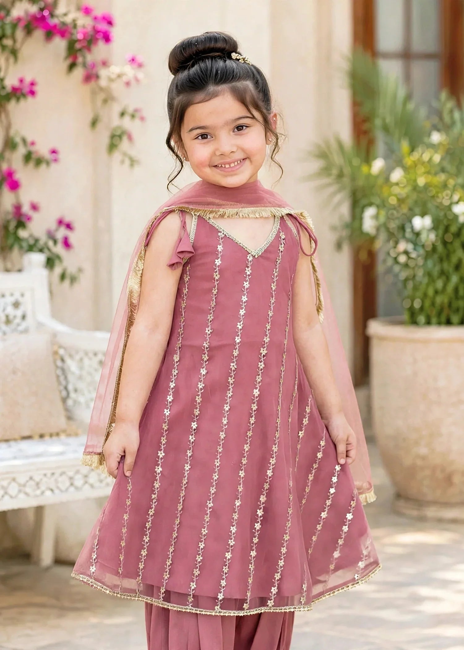 Modest 3 Piece Net Embroidered Pink Frock