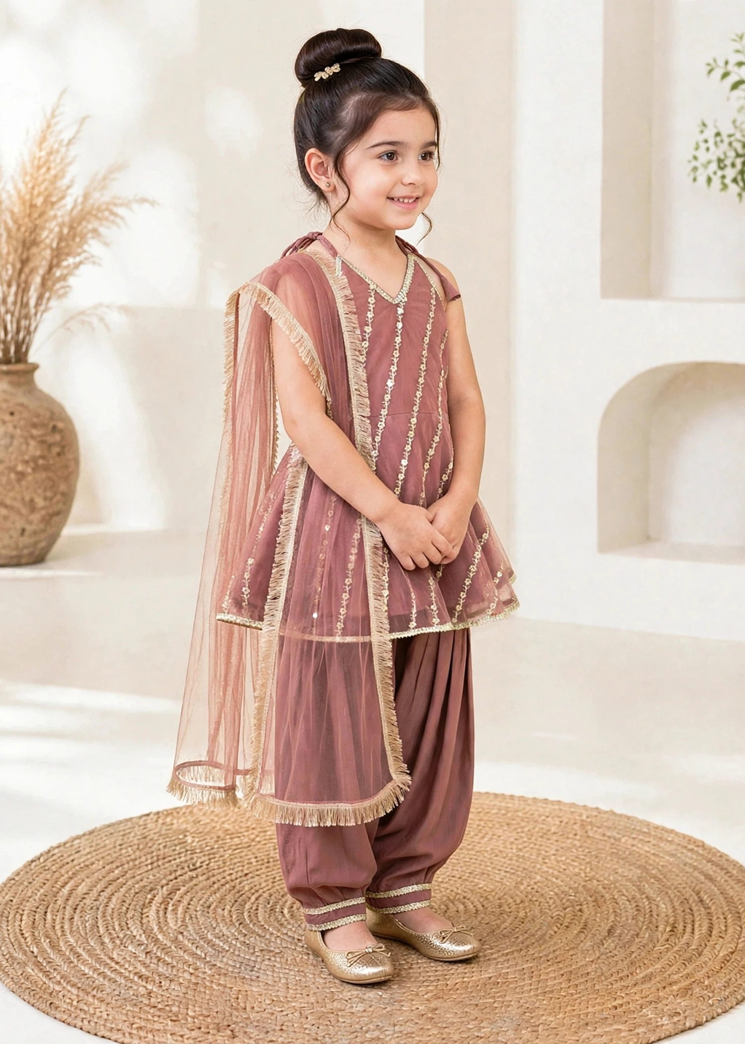 Modest 3 Piece Net Embroidered Tea Pink Suit