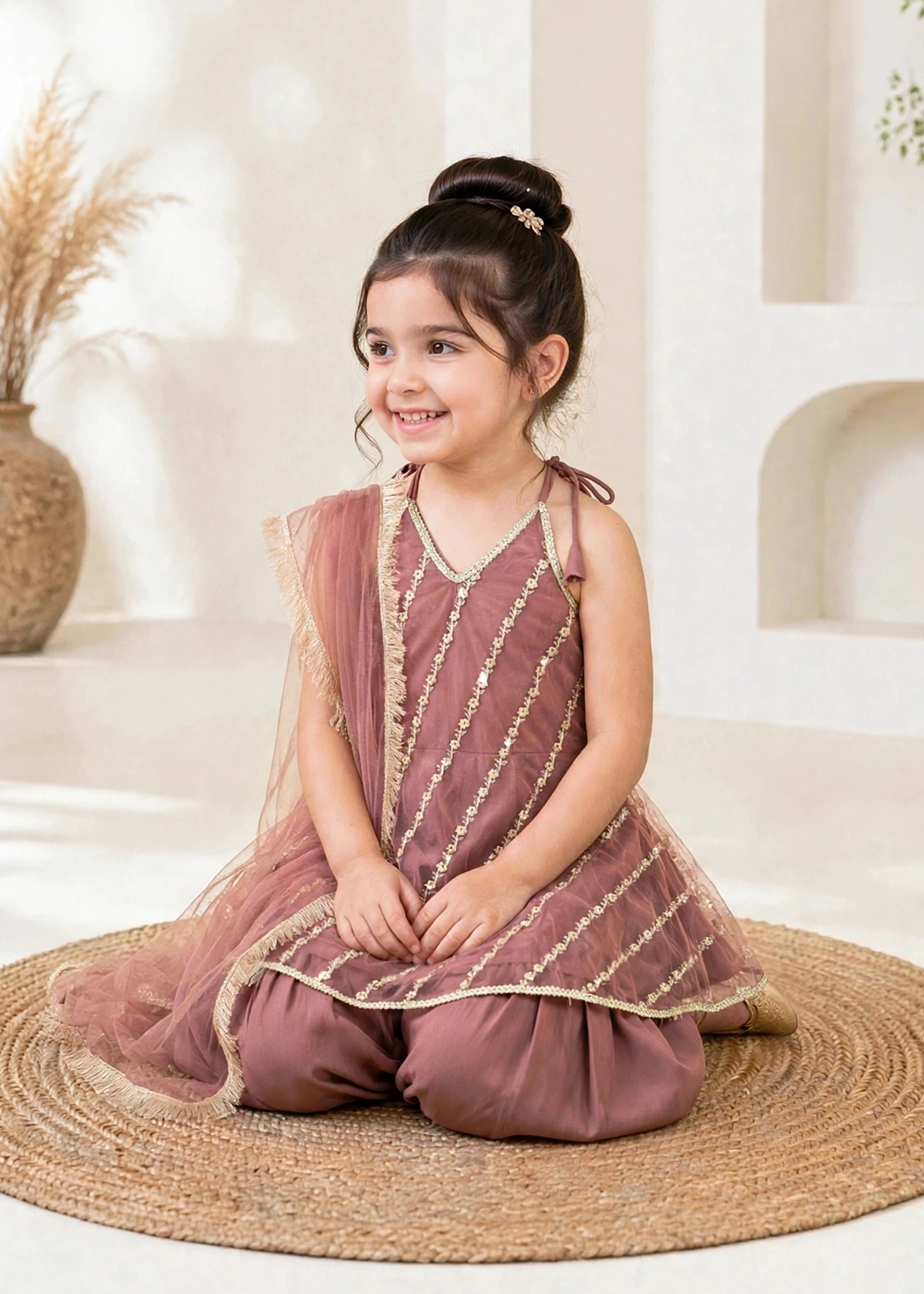 Modest 3 Piece Net Embroidered Tea Pink Suit