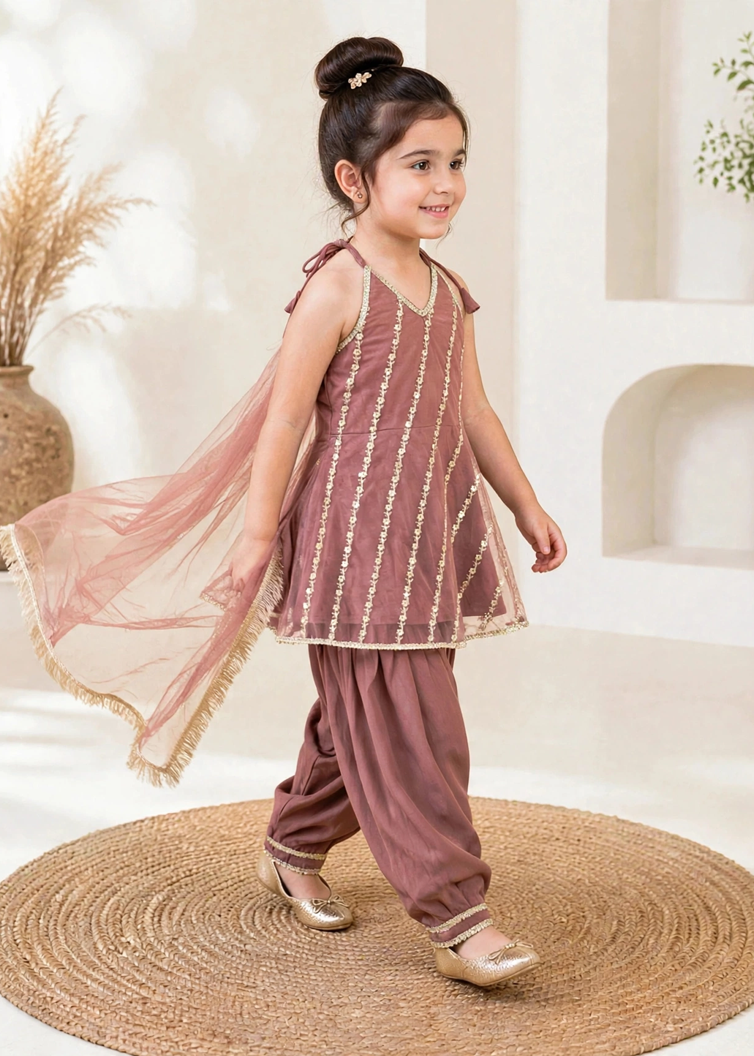 Modest 3 Piece Net Embroidered Tea Pink Suit