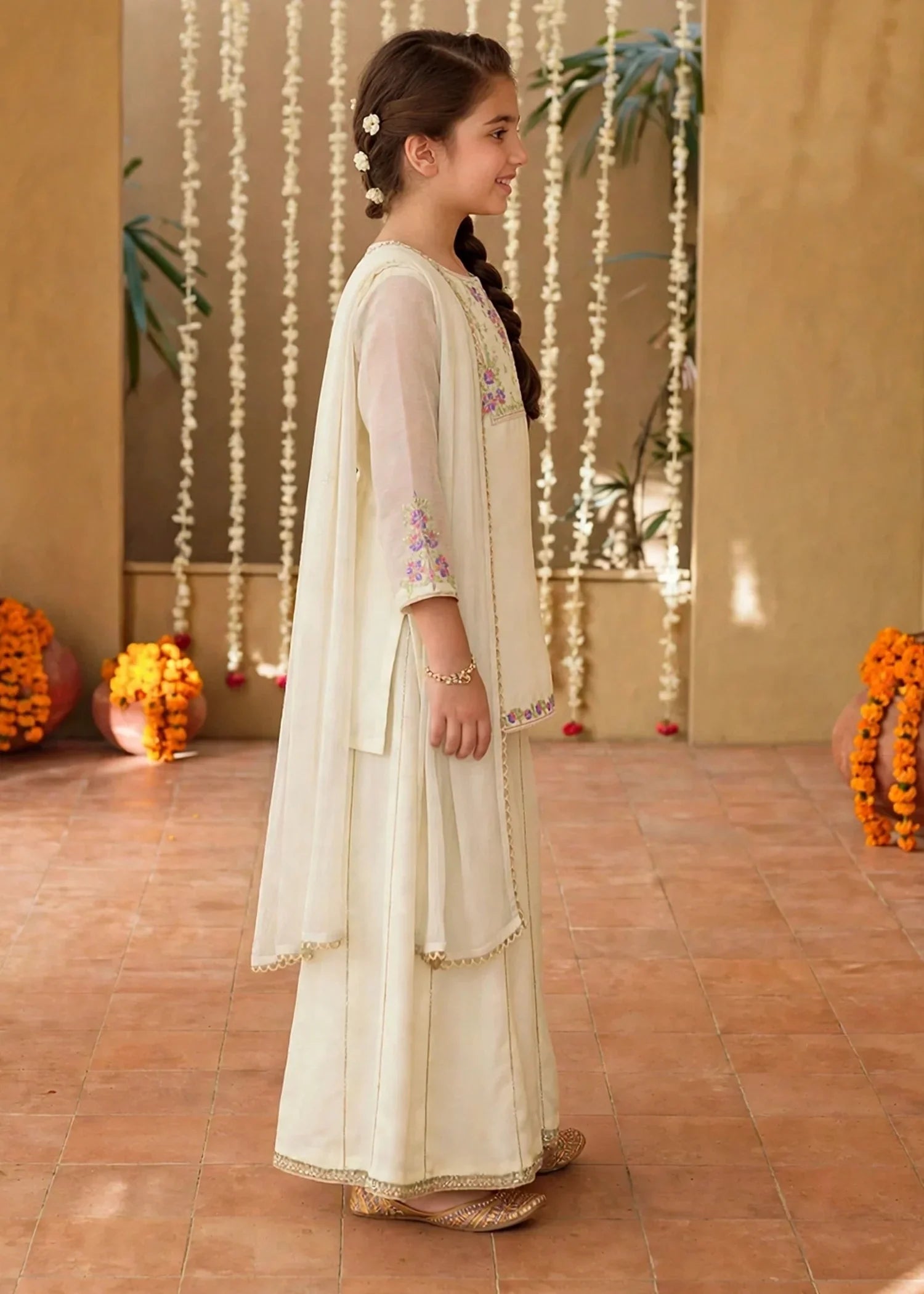 Modest 3 Piece Off White Chiffon Embroidered Sharara