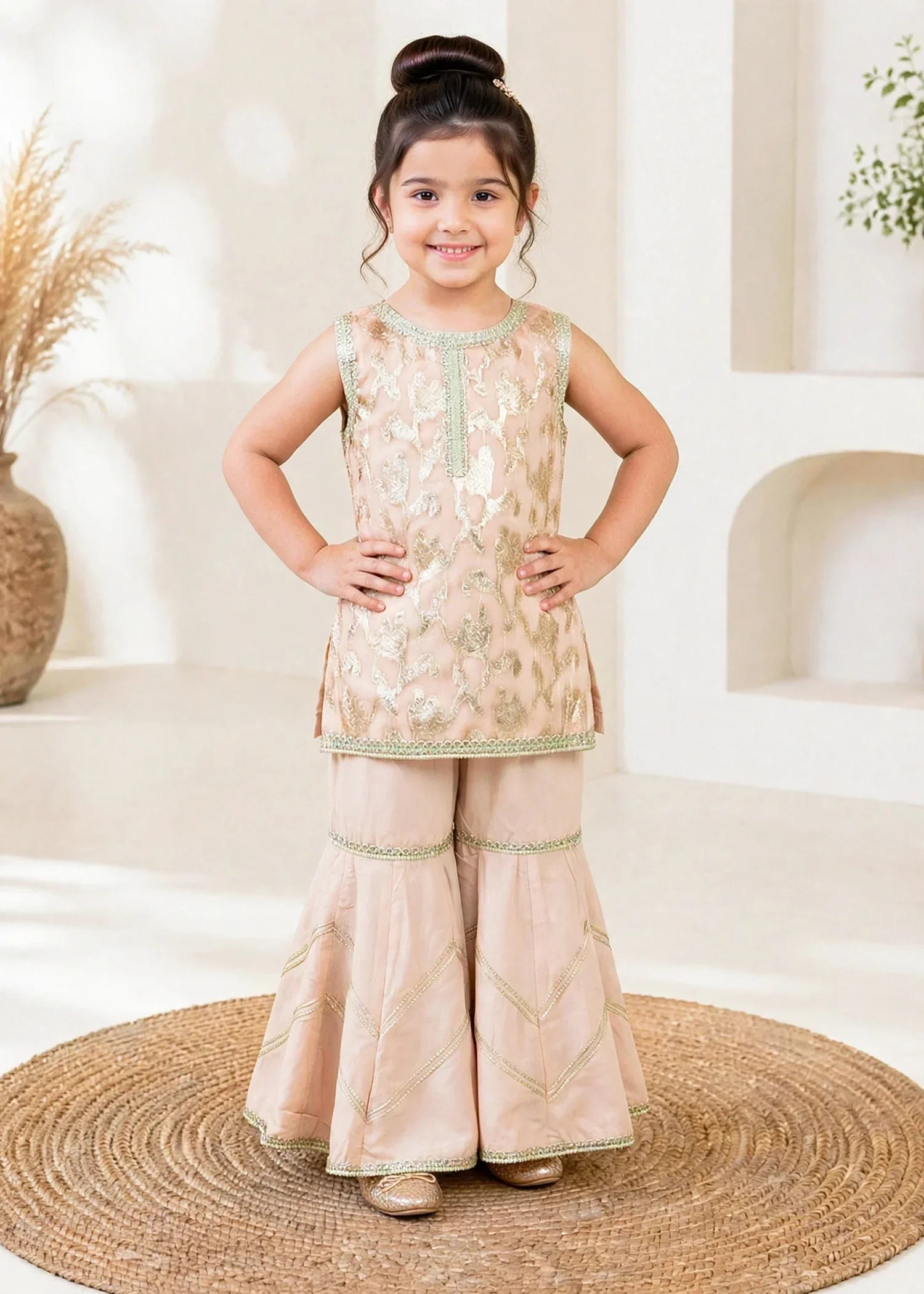 Modest 3 Piece Textured Banarsi Peach Gharara