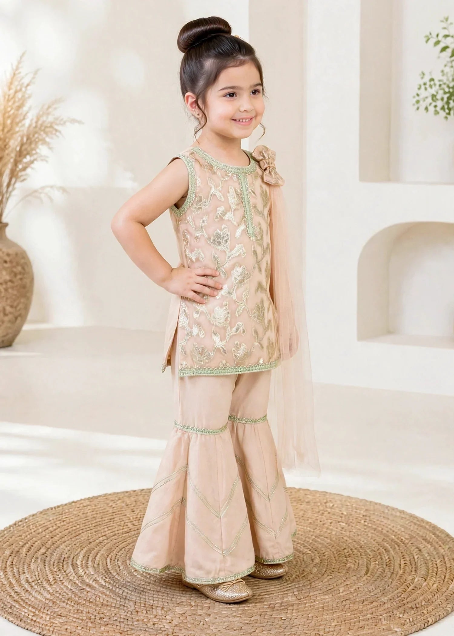 Modest 3 Piece Textured Banarsi Peach Gharara
