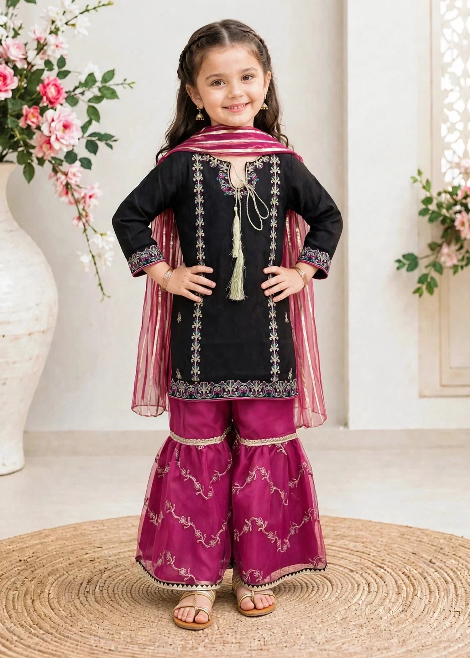 Modest Black Rawsilk Gharara 3 Piece