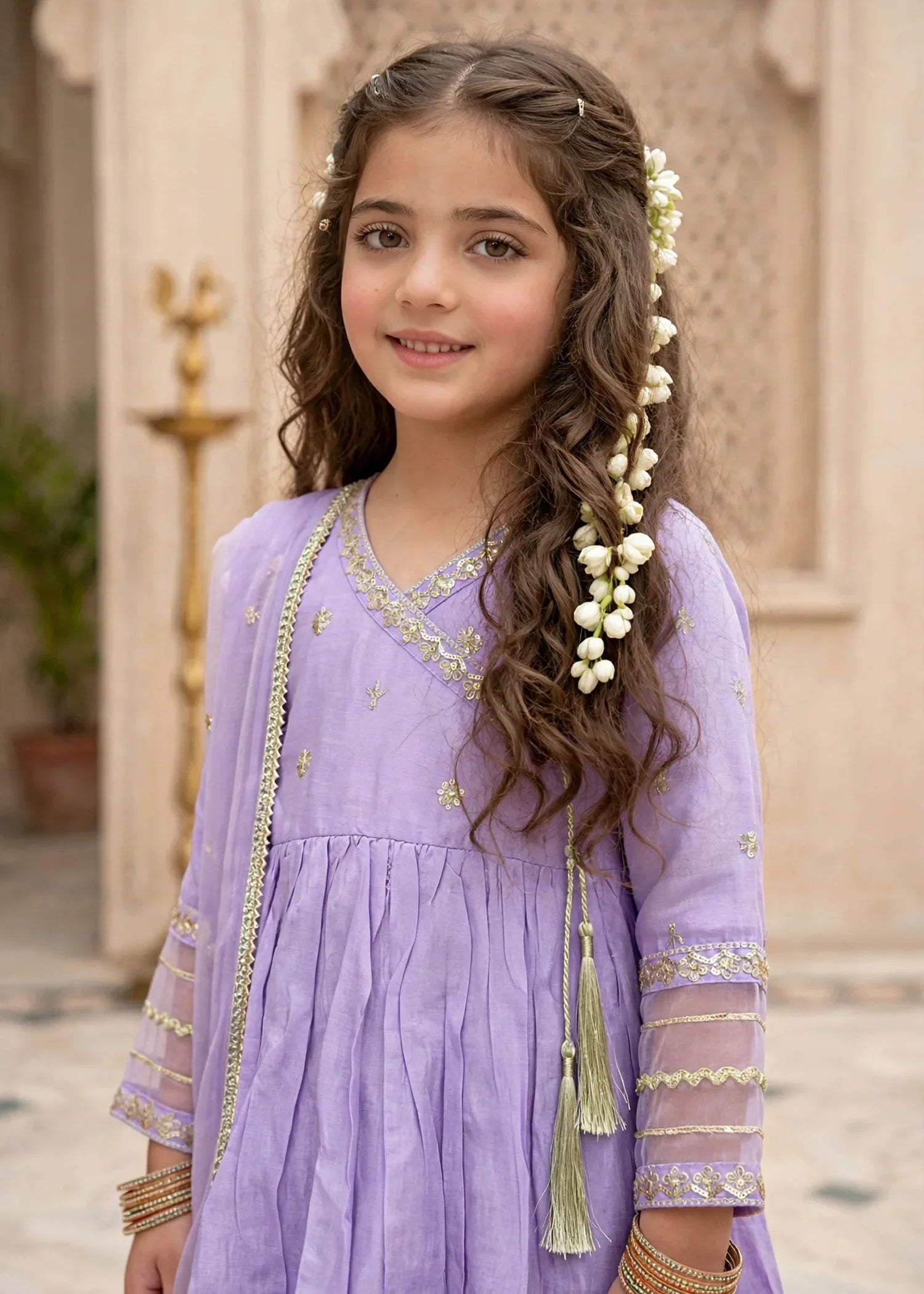 Modest Girls 3 Piece Cotton Silk Embroidered Anghrakha Dress Purple