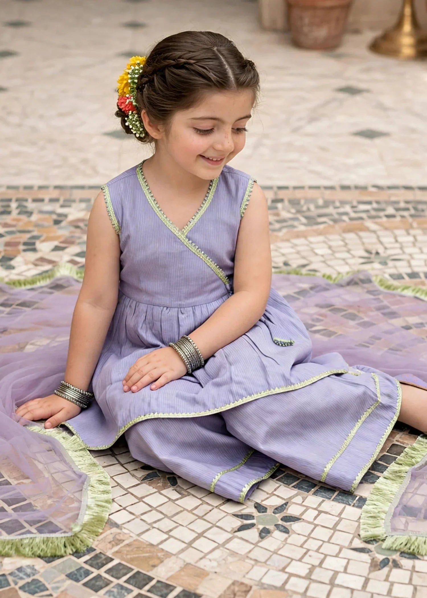 Modest Girls 3 Piece Purple Cotton Festive Anghrakha Dress