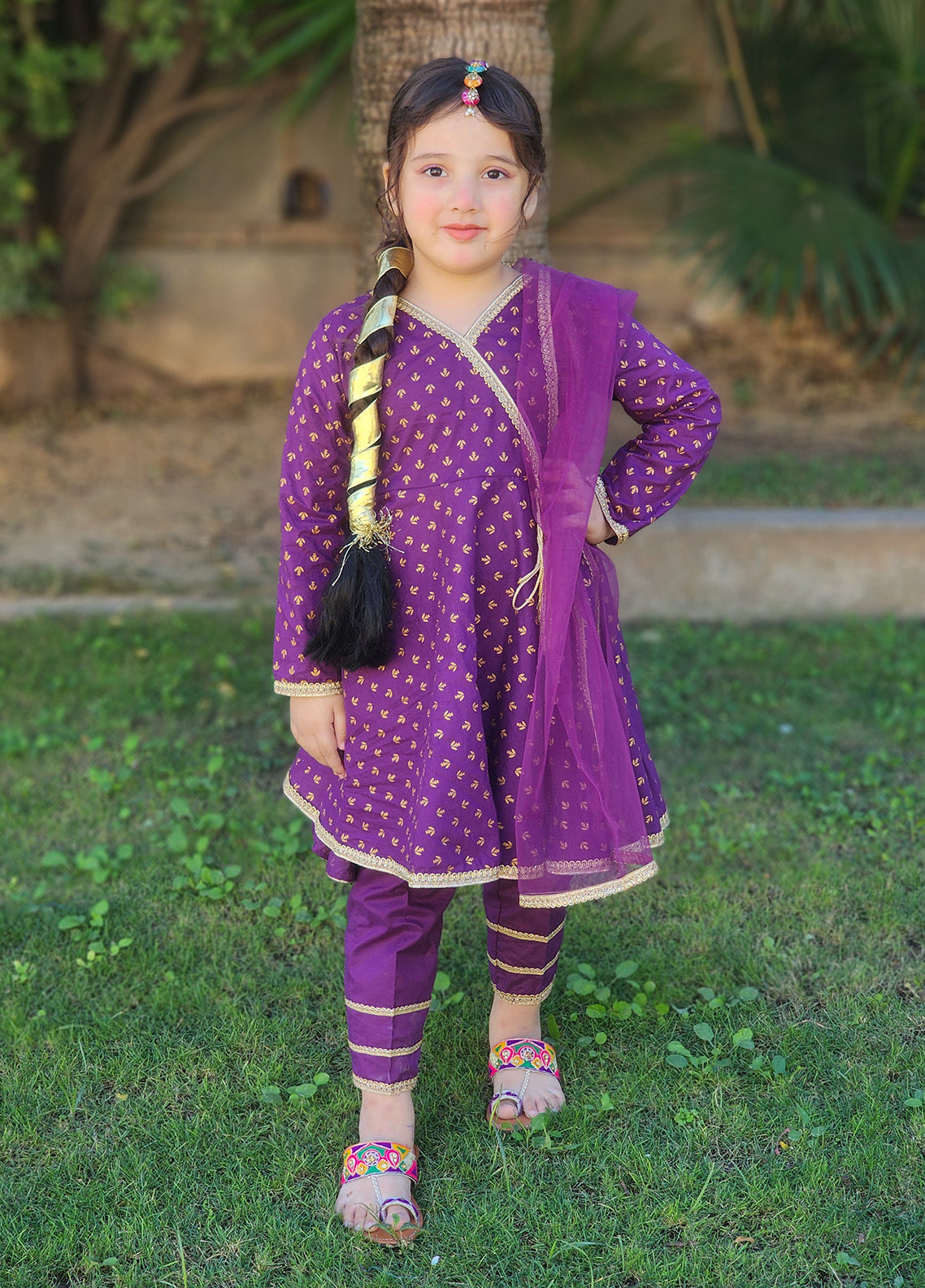 Modest - Printed Cotton Suit For Girl - Purple - 3 Piece