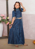 Modest - Rawsilk Printed Lehenga For Girl - Blue - 3 Piece