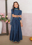 Modest - Rawsilk Printed Lehenga For Girl - Blue - 3 Piece