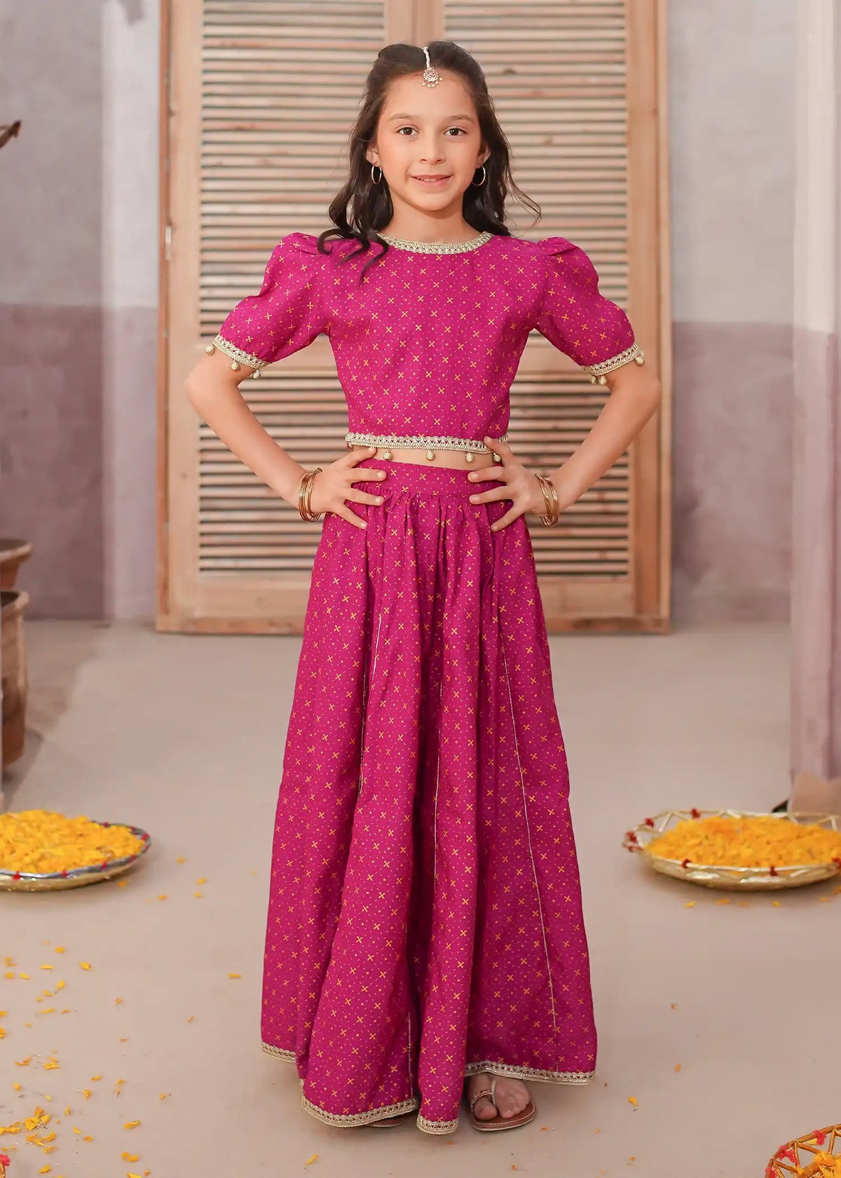 Modest - Rawsilk Printed Lehenga For Girl -  3 Piece