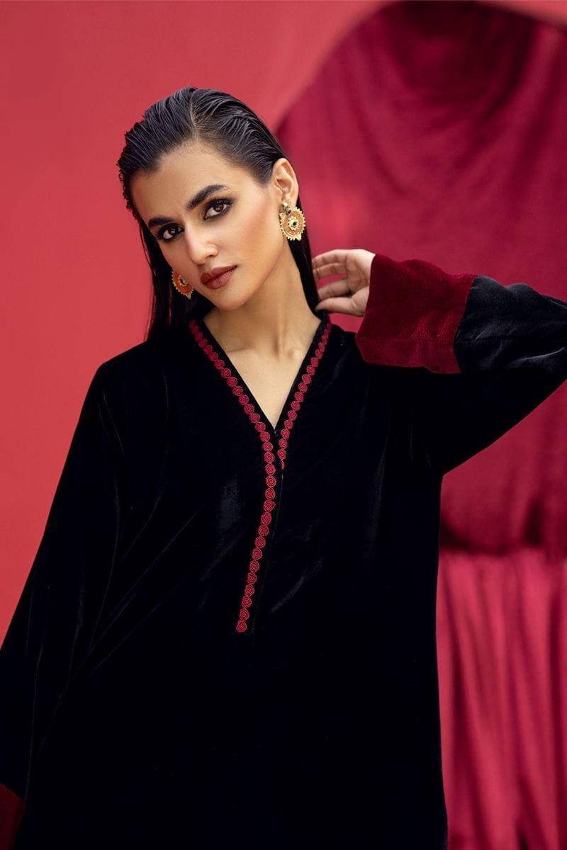 Fozia Khalid - SOFIA -Vevet - Maroon & Black - 2 Piece - Studio by TCS
