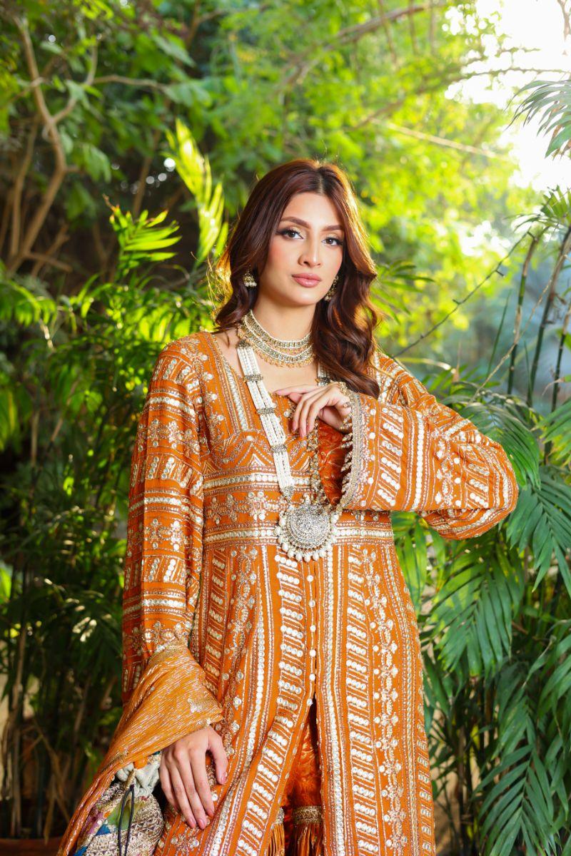 Huma Adnan - Narangi - Chiffon - Rust - 3 Piece