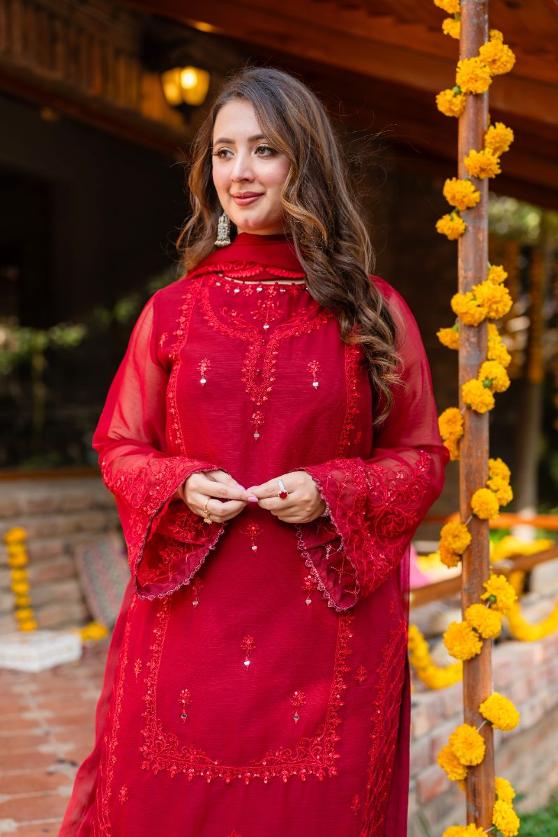 Omal by Komal - Meerub - Red - Chiffon -3 Piece