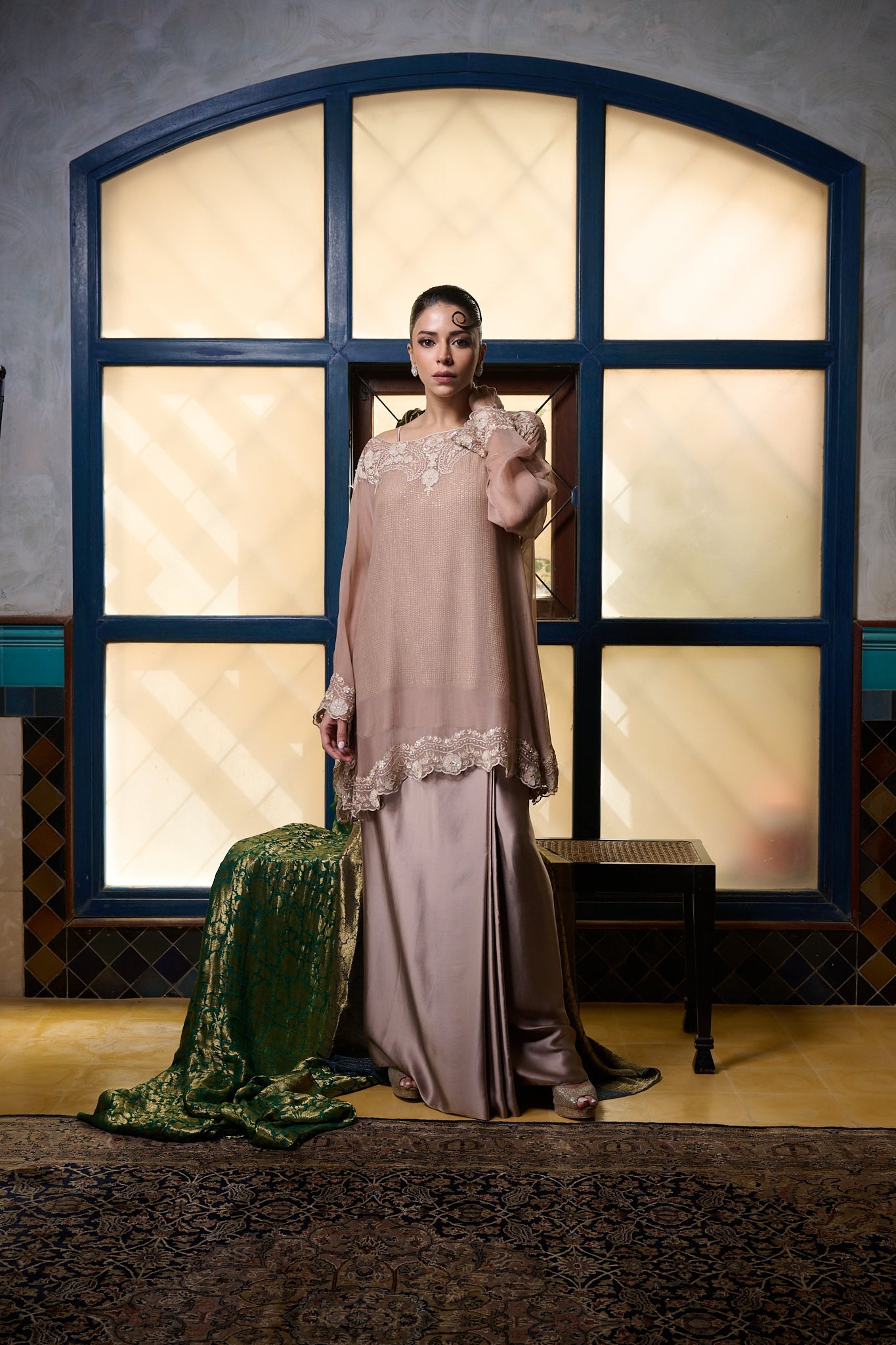 Maheem Khan - Venetian Lace  - DUSTY PINK - BLENDED SILK - 3 Piece