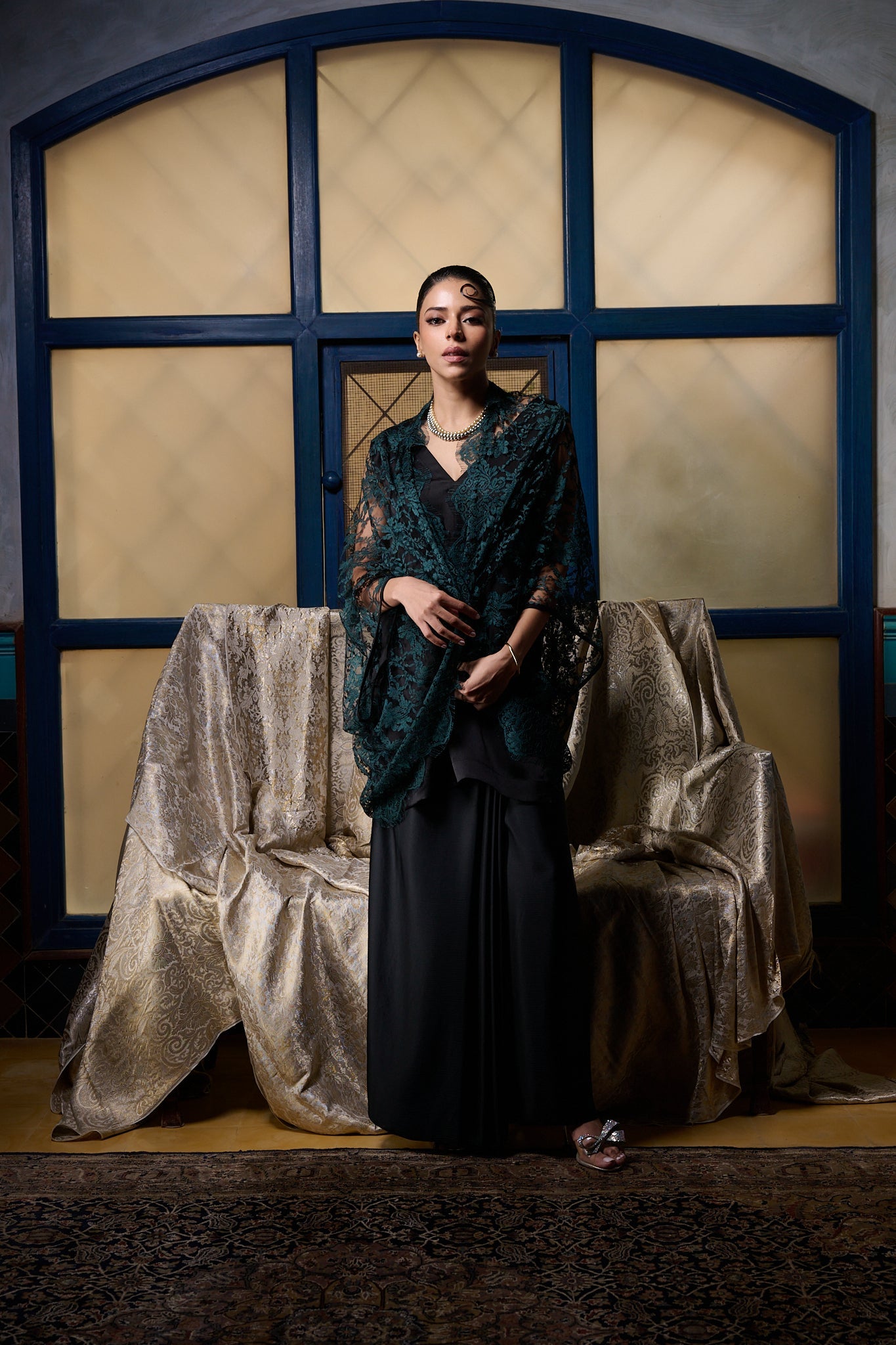 Maheem Khan - Emerald / Black Chantilly Cape Jacket - EMERELED - CHANTILY LACE - 1 Piece
