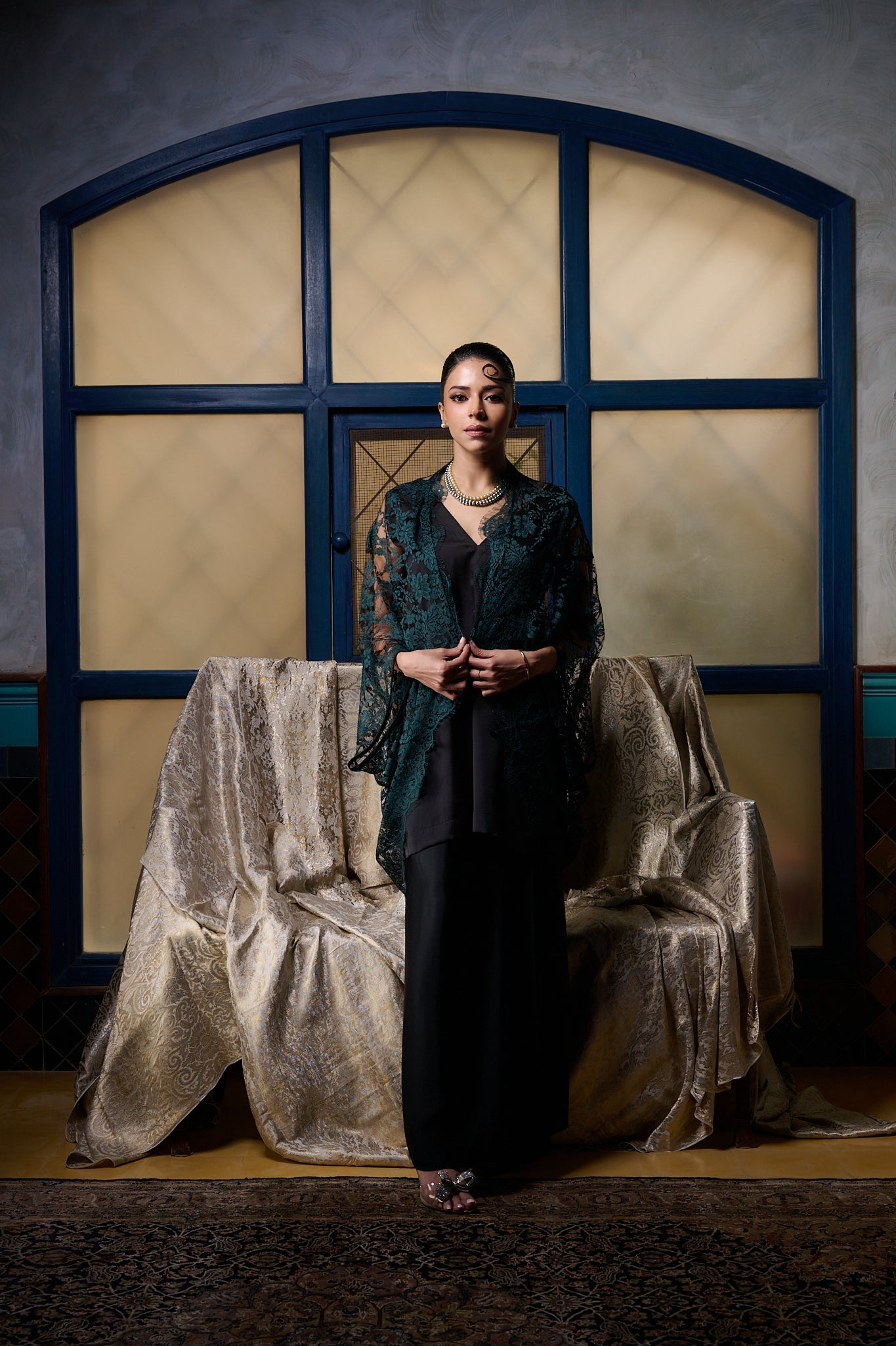 Maheem Khan - Emerald / Black Chantilly Cape Jacket - EMERELED - CHANTILY LACE - 1 Piece