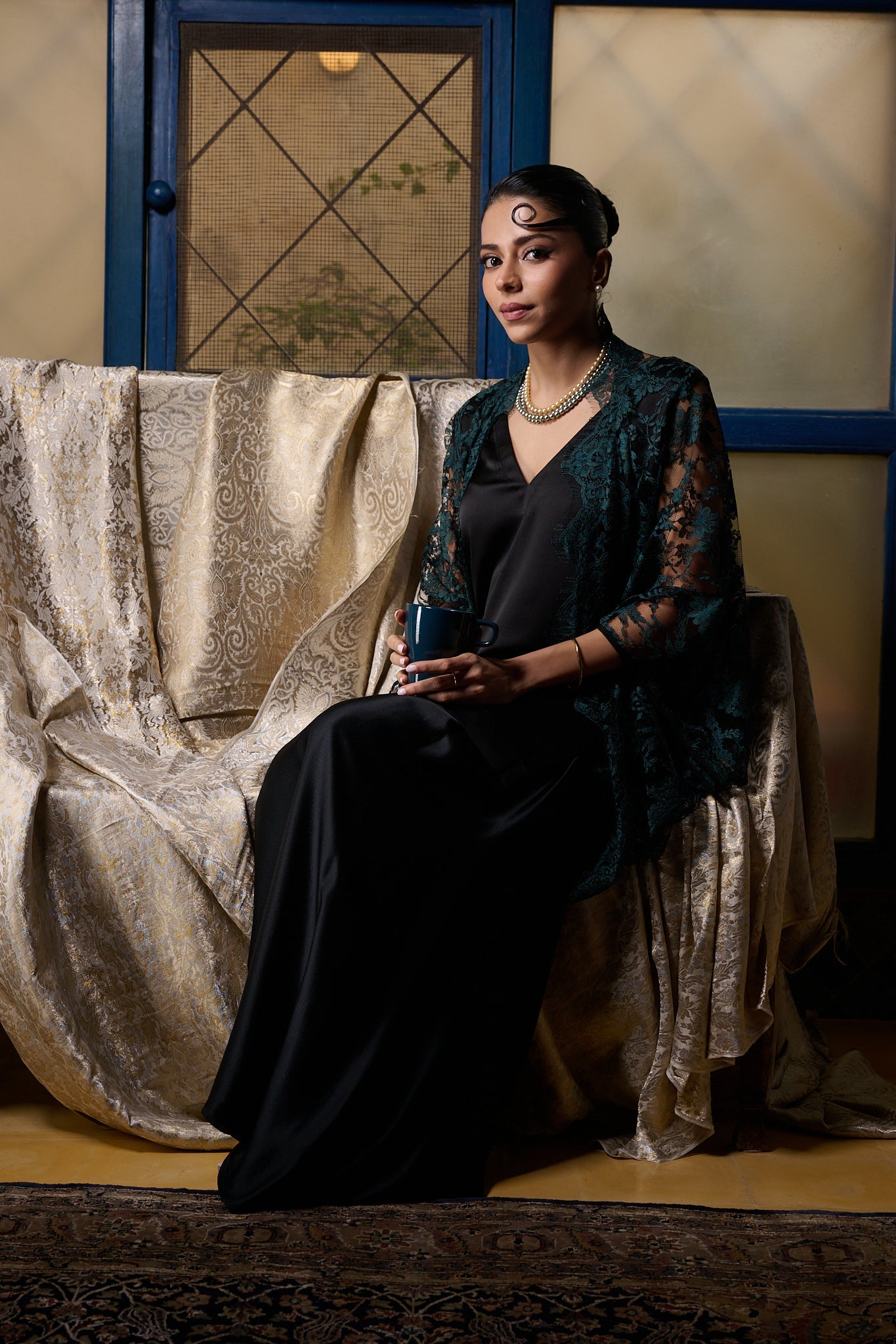Maheem Khan - Emerald / Black Chantilly Cape Jacket - EMERELED - CHANTILY LACE - 1 Piece