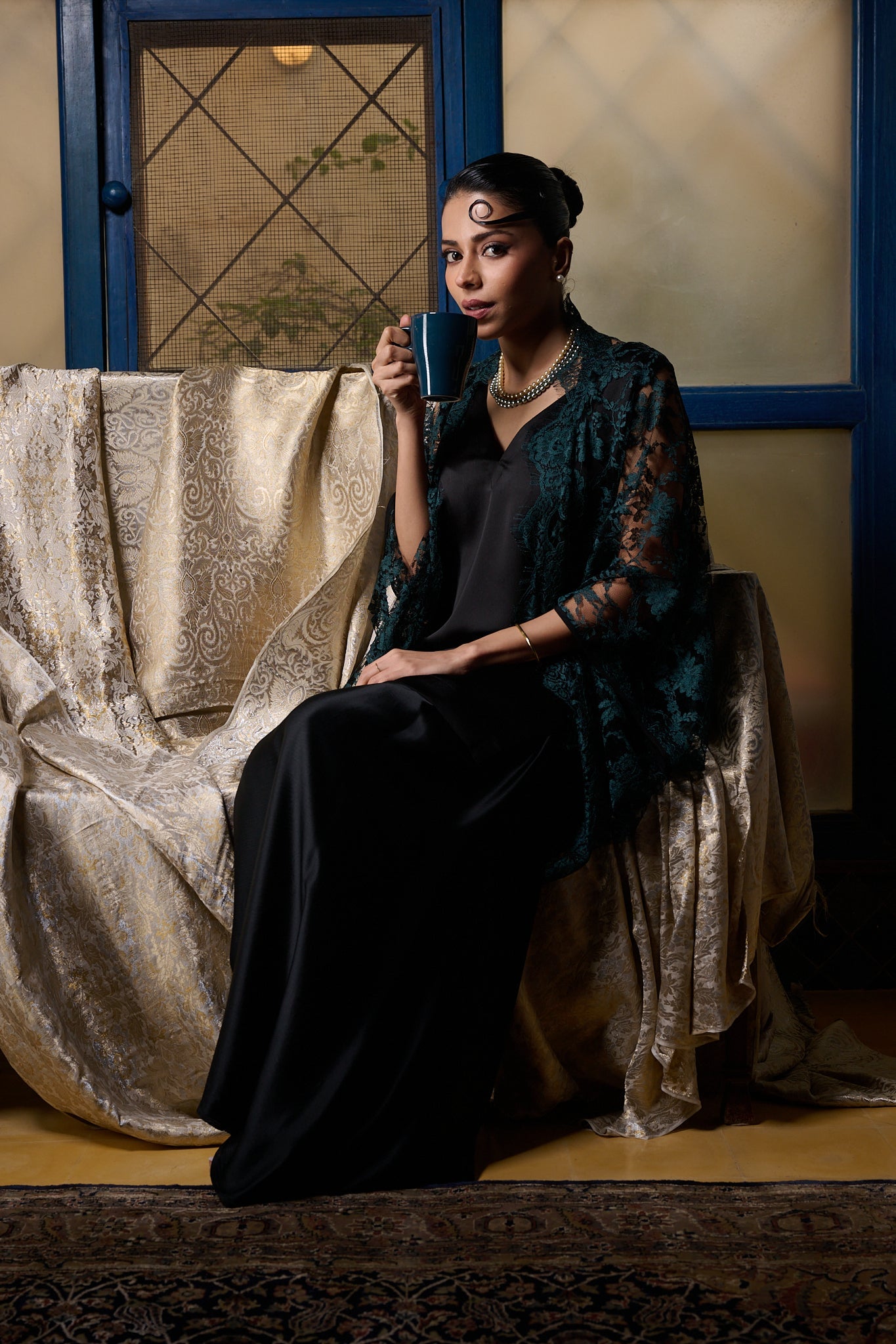 Maheem Khan - Emerald / Black Chantilly Cape Jacket - EMERELED - CHANTILY LACE - 1 Piece