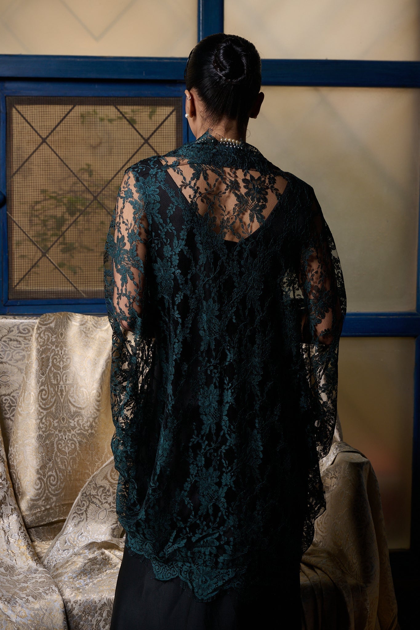 Maheem Khan - Emerald / Black Chantilly Cape Jacket - EMERELED - CHANTILY LACE - 1 Piece