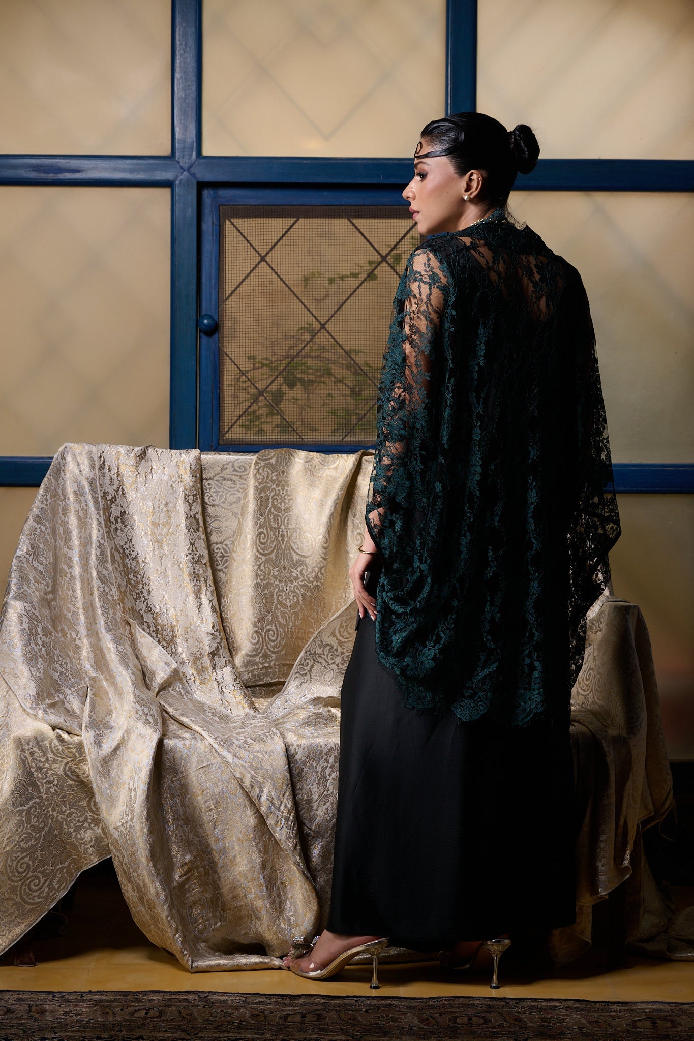 Maheem Khan - Emerald / Black Chantilly Cape Jacket - EMERELED - CHANTILY LACE - 1 Piece