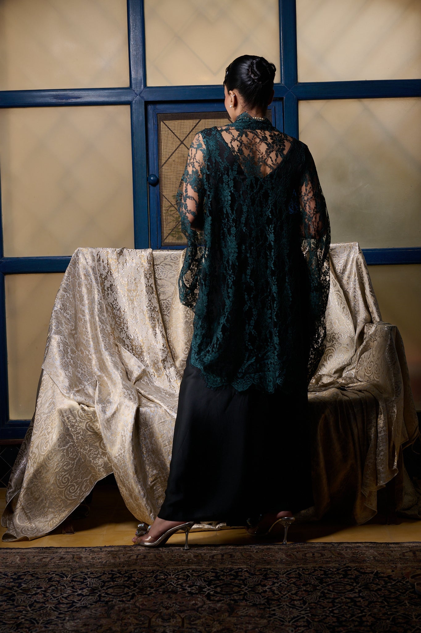 Maheem Khan - Emerald / Black Chantilly Cape Jacket - EMERELED - CHANTILY LACE - 1 Piece