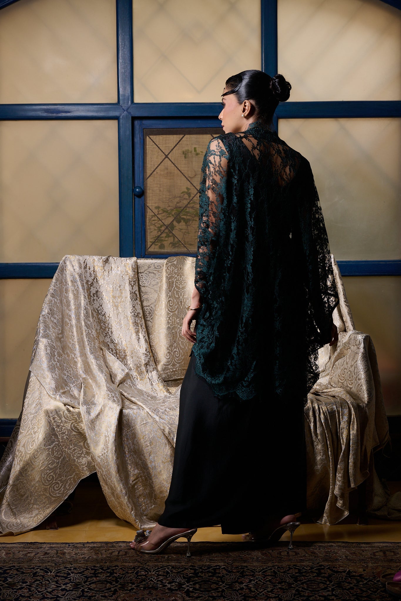 Maheem Khan - Emerald / Black Chantilly Cape Jacket - EMERELED - CHANTILY LACE - 1 Piece