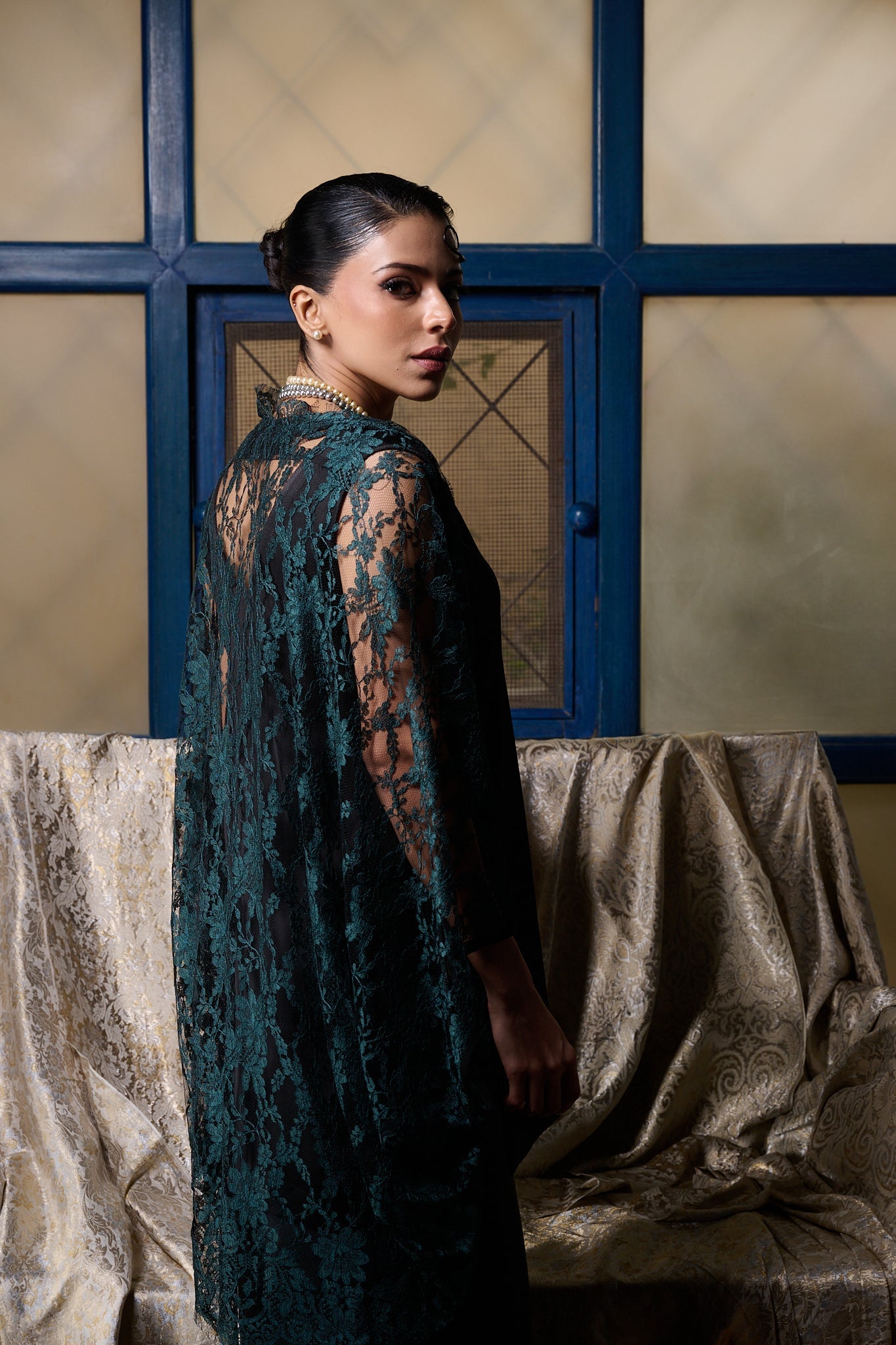 Maheem Khan - Emerald / Black Chantilly Cape Jacket - EMERELED - CHANTILY LACE - 1 Piece