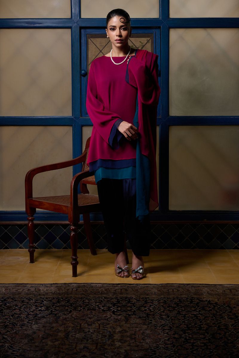 Gulabo - BERRY STUNNA - Blended Chiffon + Satin Silk - Fuchsia/Navy/ Emerald - 3 Piece