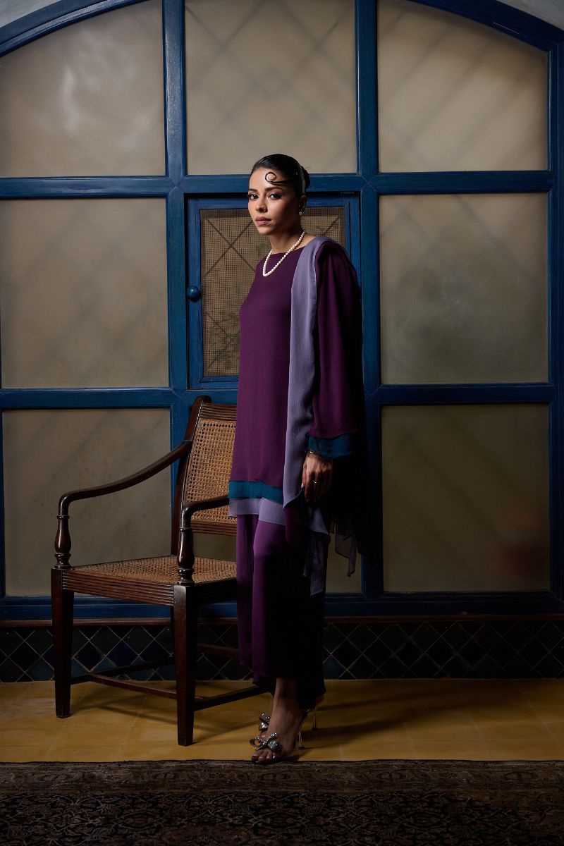 Gulabo - AMYTHEST - Blended Chiffon + Satin Silk - Purple Emerald/Grey - 3 Piece