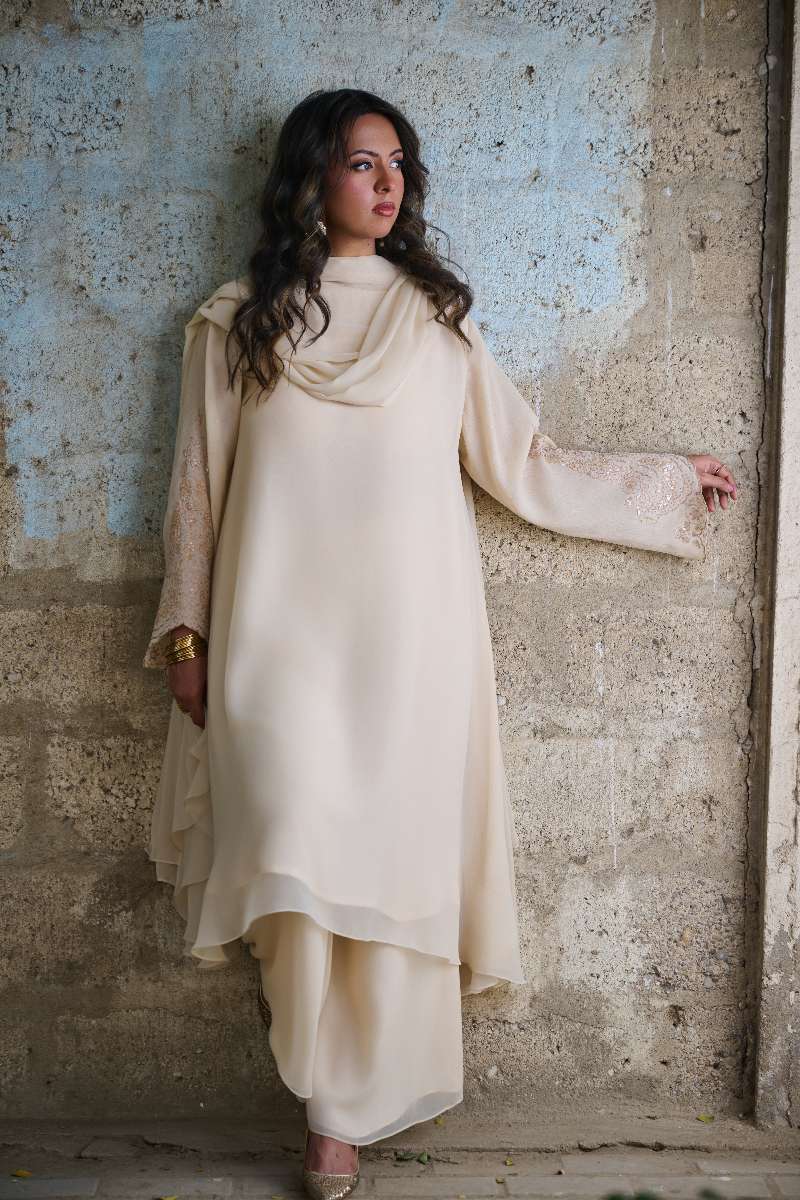 Gulabo - Blended Mehr Suit For Women - Biege - 3 Piece