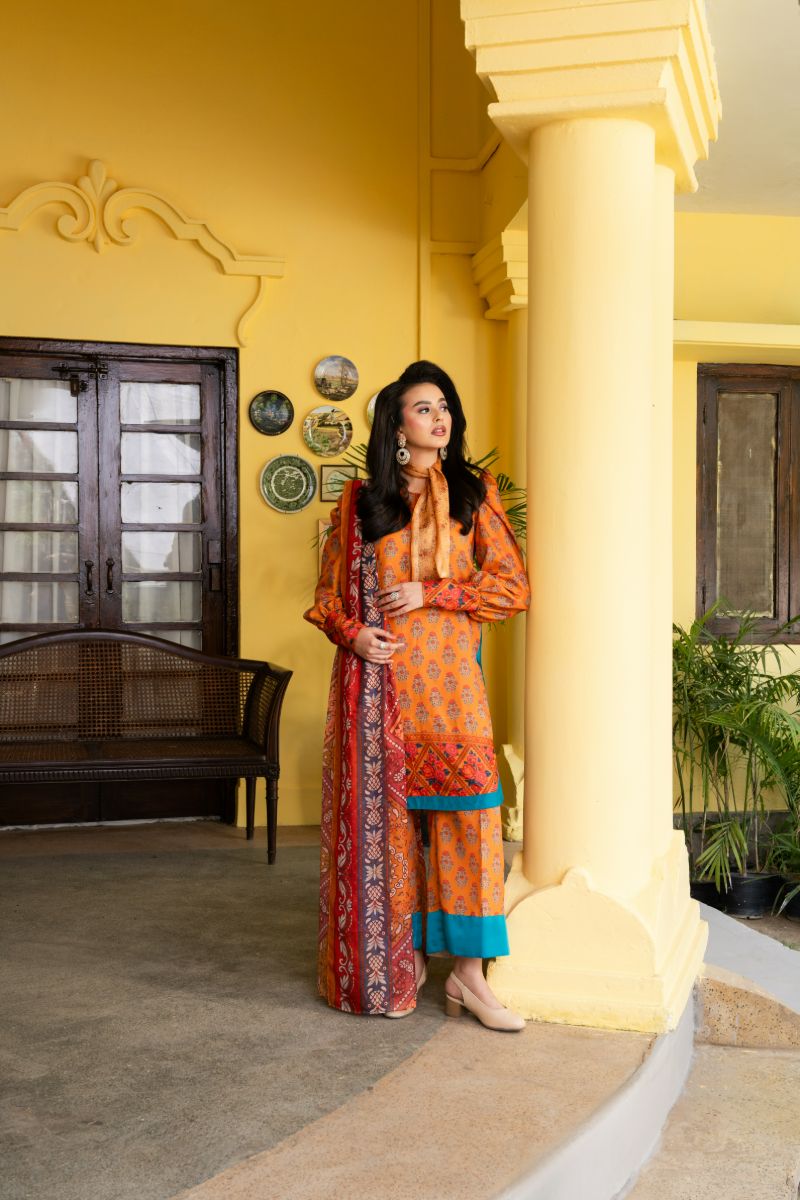 Maria Osama Khan - Nehr  - Bright Orange - Lawn & Tissue silk - 3 Piece