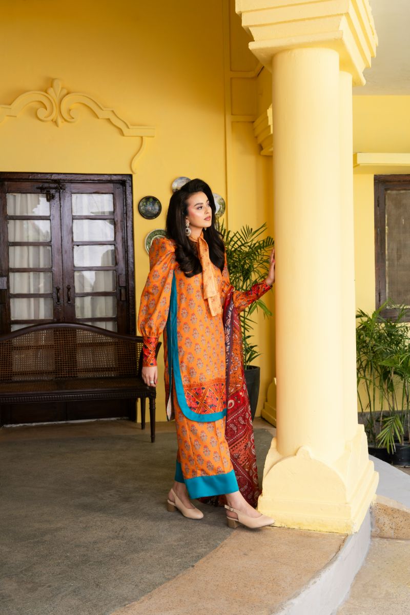 Maria Osama Khan - Nehr  - Bright Orange - Lawn & Tissue silk - 3 Piece