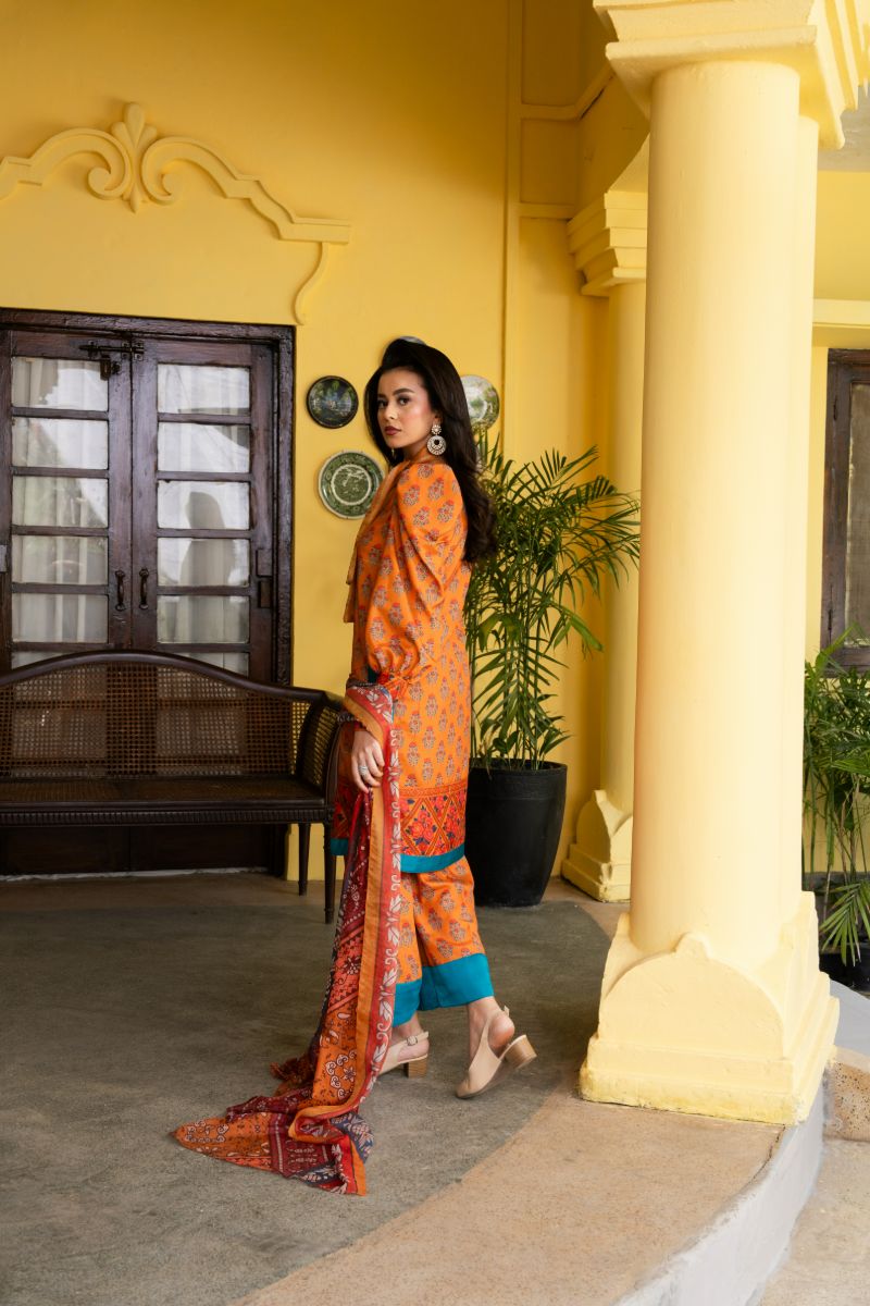 Maria Osama Khan - Nehr  - Bright Orange - Lawn & Tissue silk - 3 Piece