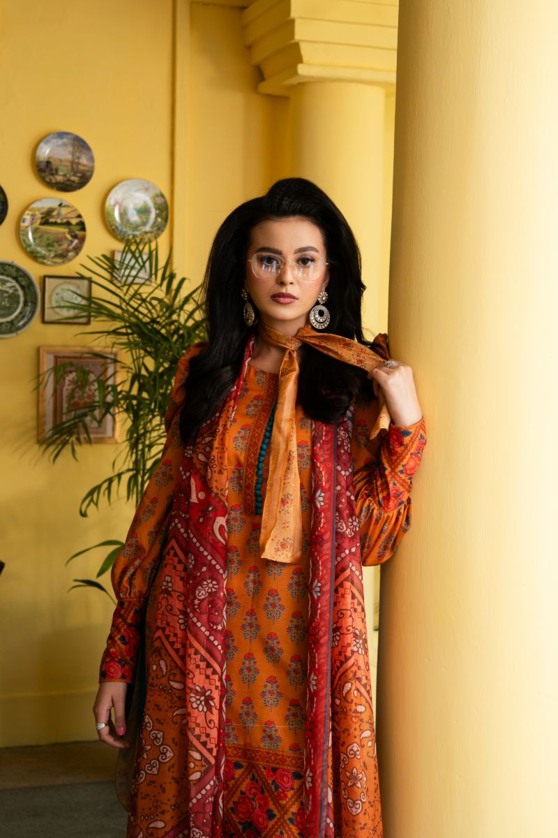 Maria Osama Khan - Nehr  - Bright Orange - Lawn & Tissue silk - 3 Piece