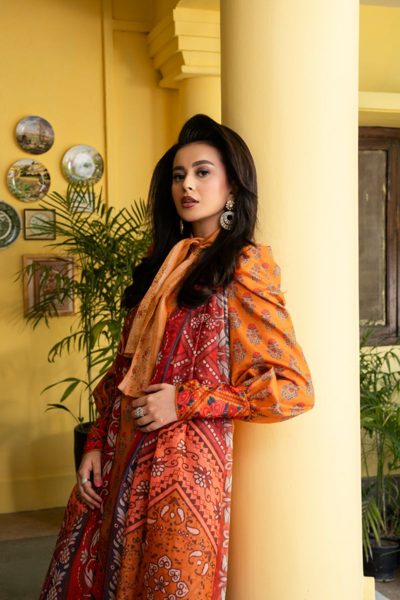 Maria Osama Khan - Nehr  - Bright Orange - Lawn & Tissue silk - 3 Piece