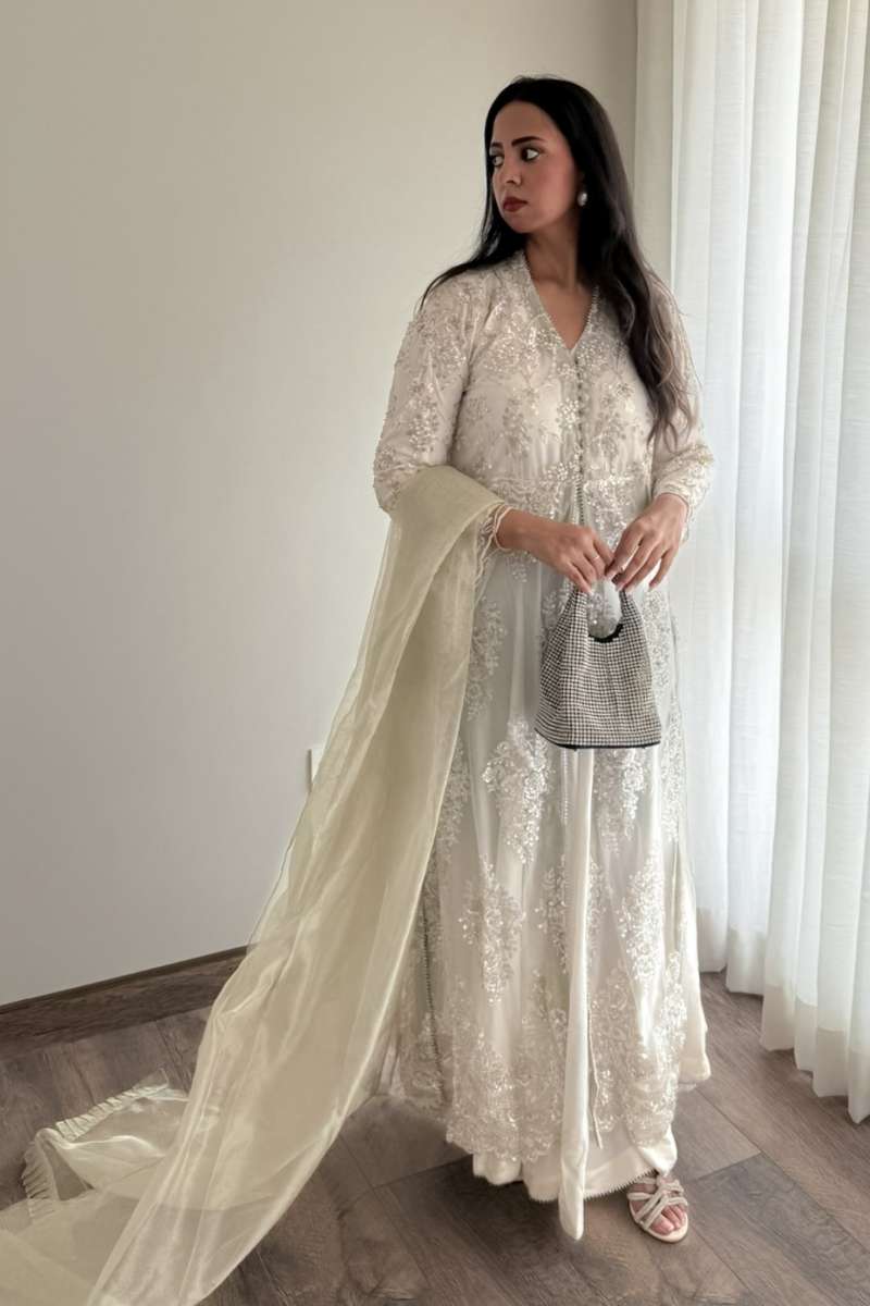 Minutiae - Noureh - Korean Embroider Net/Korean Raw Silk - Off White/Silver - 3 Piece