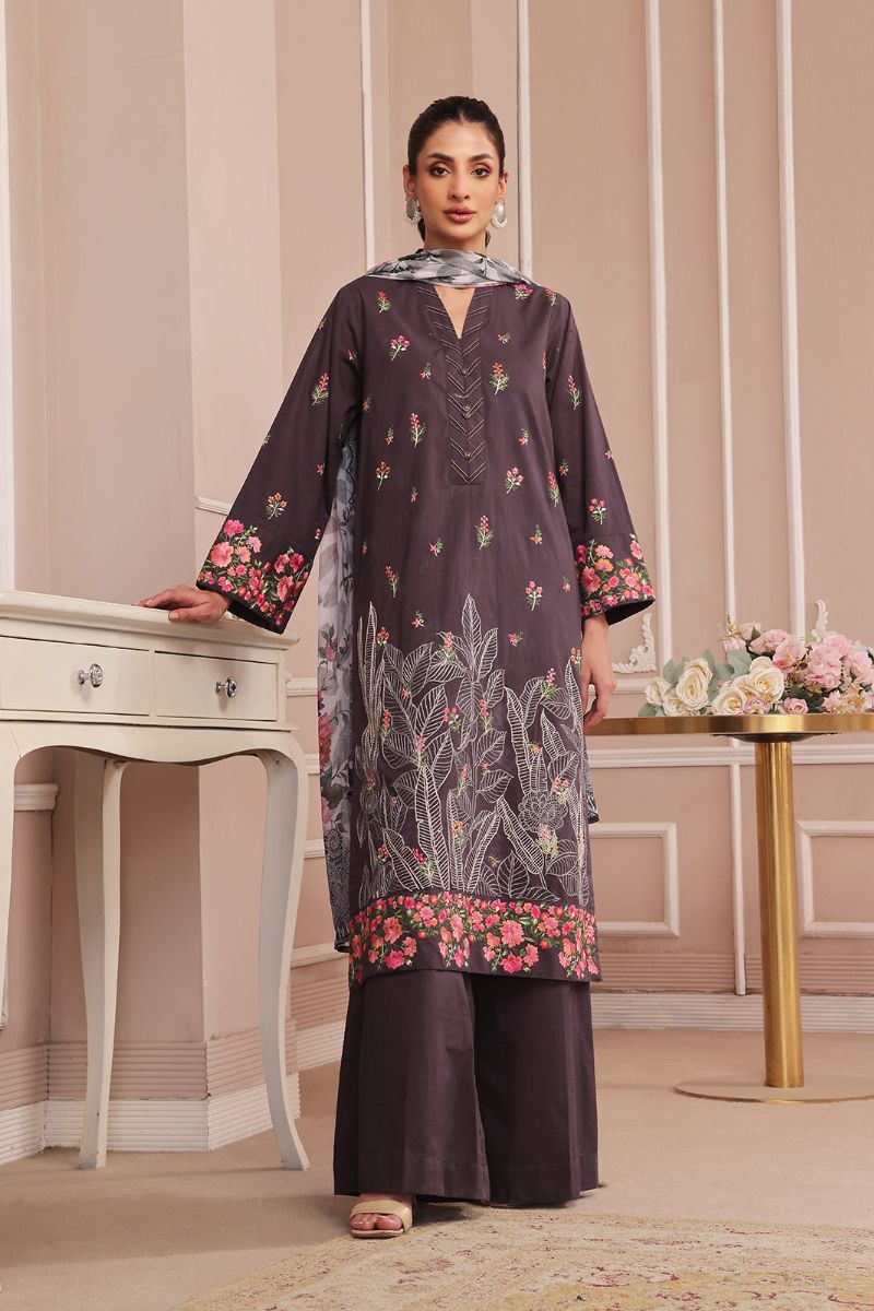 Oaks - Embroidered Pret & Unstitched Suit Dyed Cambric Black - 3 Piece