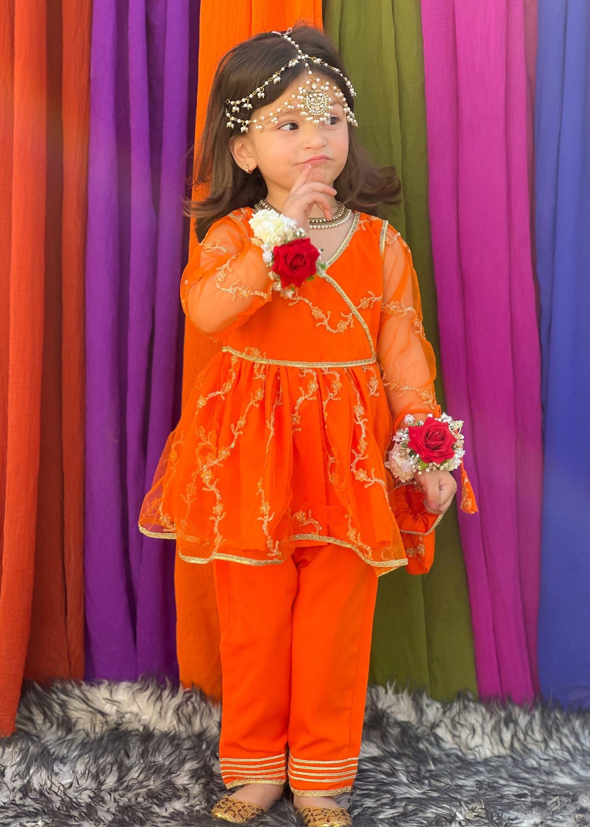 Modest - Embroidered Net Suit For Girl - Orange - 3 Piece